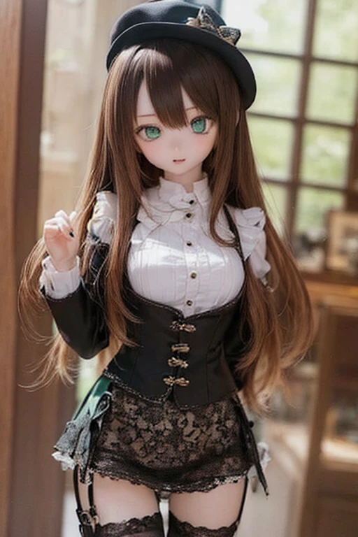 (SFW:2), photorealistic, realistic photo, 8k, ((highest quality)), ((masterpiece)), (extremely detailed), kukolnydom, doll, (mature woman, 21yo, 21 years old, solo:1.6), ((cowboy shot, standing, head tilt, slim, slender, skinny, medium breasts, bowler hat, ascot, corset, blouse, long puff sleeves, layered pannier skirt, thighhigh socks)), (green eyes, brown hair, long hair, plastic skin, looking at another, glass eyes, gradient eyes, shining eyes, detailed eyes:1.3)