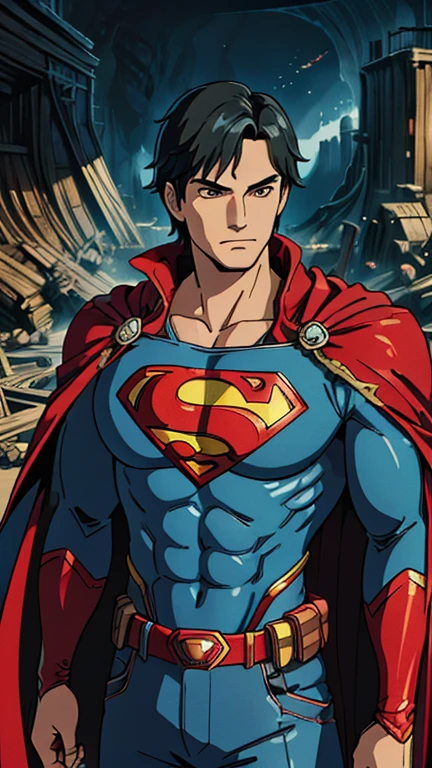 (1man, Superman), (extremely detailed CG unit 8k wallpaper),(master part), (best quality), (ultra detail), (best illustration),(ghibli style), cowboy shot, (Sharp eyeliner, ombre, detail eyes:1), dark batcave background, ,break , (salvagepirateworld), upper body, camisa, red cape