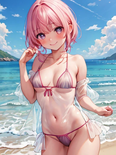 (masterpiece:2.0), (Highest quality:2.0), (Standing naked on the beach:1.5), (Extremely small see-through T-back micro bikini:1.5), Gestures to solve codes,  outside, (Super sexy pose:1.5), (Looking up from below:1.5), (Perfectly exposed shoulders:1.5), (Perfectly exposed nape:1.5), (Blushing:1.5), (Spilling:1.5), (Realistic:1.5), 1 very cute girl, Precision small needle, You look embarrassed when you see me, Innocent face, Young Face, A light smile, Clear Eyes, Shining Eyes, Small breasts, Side boobs are visible, I can see your shoulders, I can see her cleavage, No pubic hair, Dynamic pose, Beautiful skins, Ultra high definition, Highest Resolution, Japanese high school students, Pink Hair