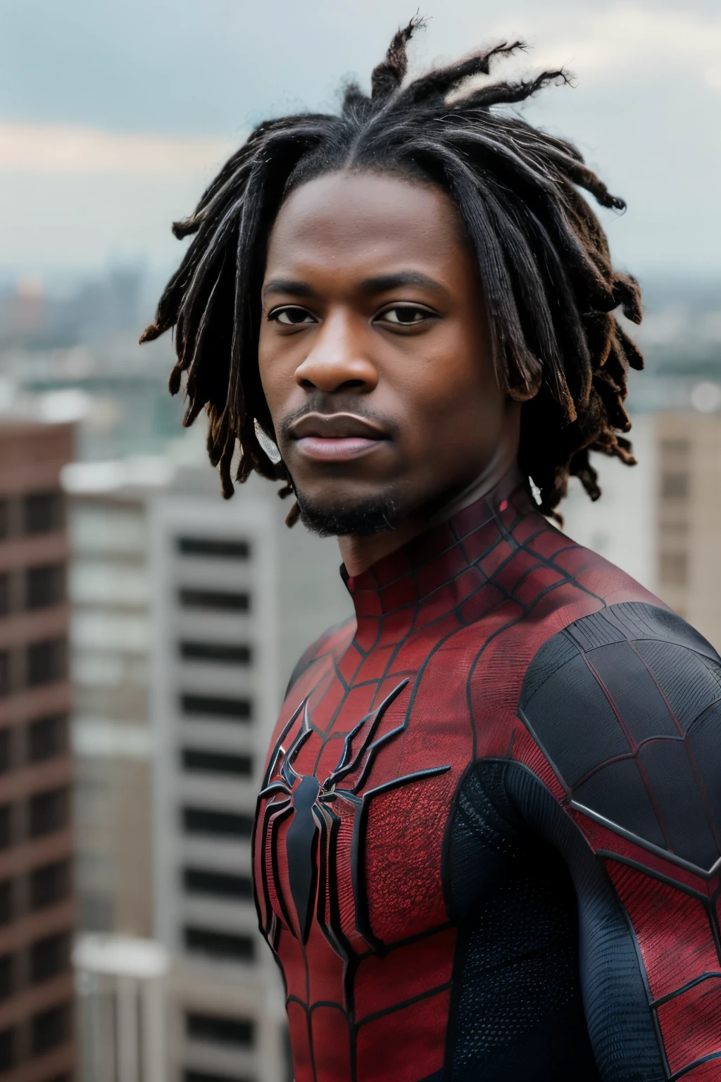 A man with medium black dreadlocks hair, wearing a spiderman suit without mask, on top of a building, highly detailed portrait, 8k, realistic, photorealistic, sharp focus, HDR, studio lighting, physically-based rendering, ultrarealistic, masterpiece, beautiful detailed eyes, beautiful detailed lips, extremely detailed face