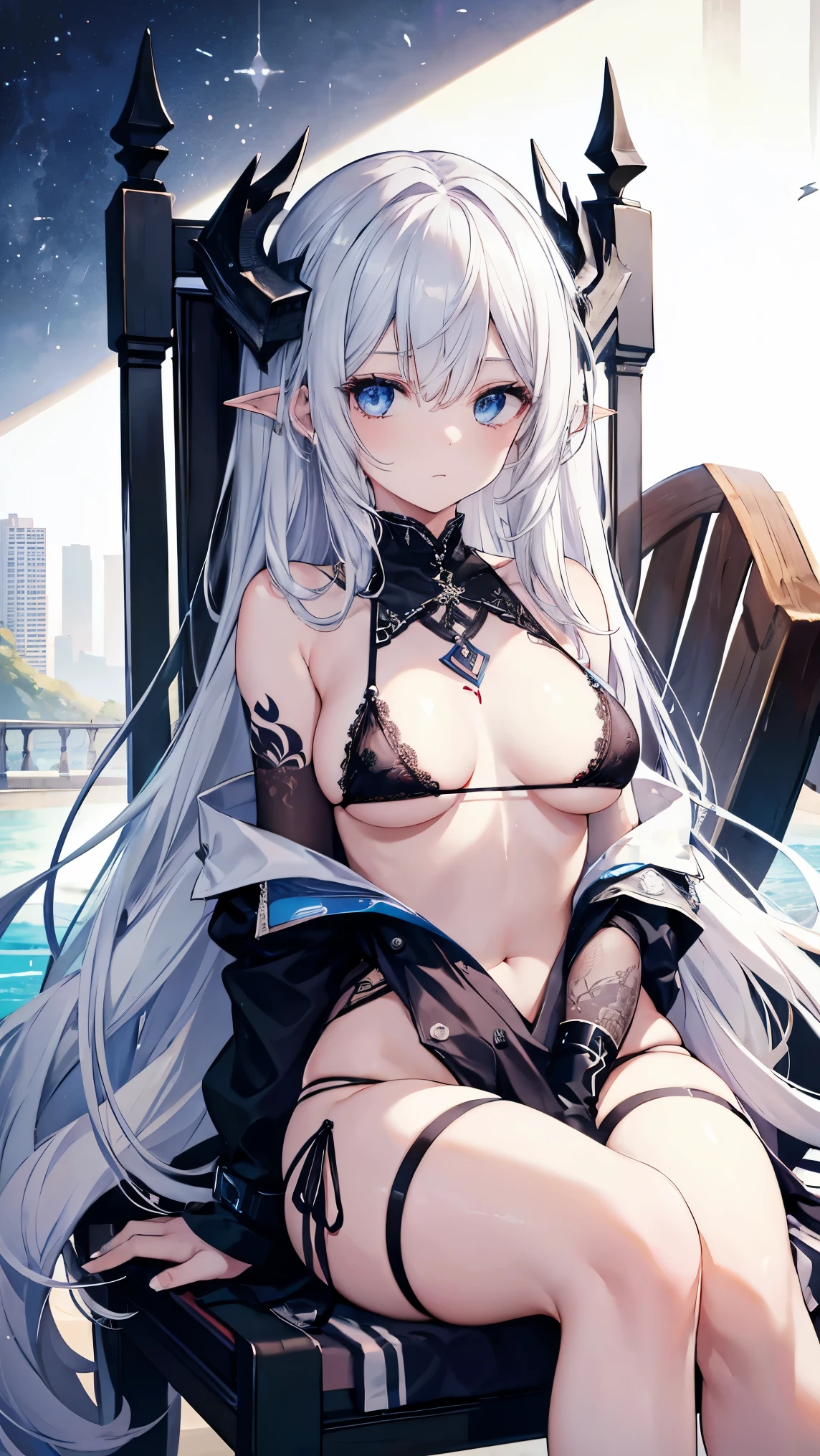 ,girl,Highest quality,,Silver Hair,,blue eyes,,White skin,Sleepiness,Very long hair,,Half an eye,rock,Restraints,Large Breasts,,Dragon Horn,,Tattoo,small,Lace Micro Bikini,Deck chair,,