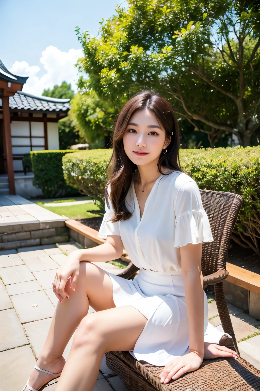 Very beautiful Japanese woman、Around 20 years old、layered cut、Sitting on a wicker chair、Crossing your legs、stylish、Stylish white blouse and ivory skirt、Afternoon terrace、Professional photos with attention to detail、Photorealistic、Highest quality