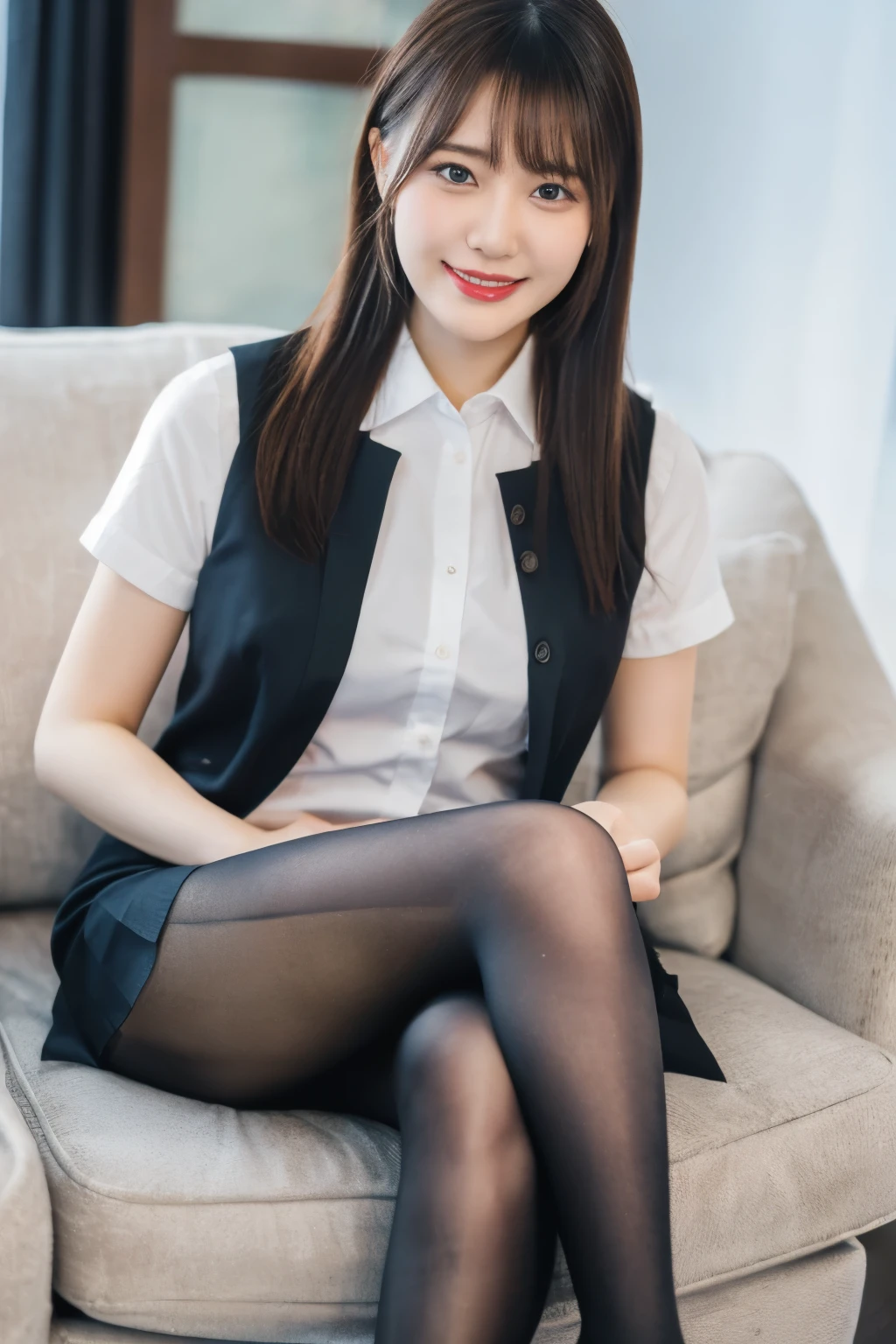 ulzzang-6500-v1.1, (RAW Photos:1.2), (Photorealistic), (Genuine:1.4), There is an office lady sitting cross-legged on the sofa., (Ultra-realistic pantyhose:1.3)、Skirt and thighs、Wearing a vest、White ultra-thin shirt、Dressed in a strict suit, Various poses, 30-year-old woman, 30-year-old woman, Height: 165cm, Full Leg、Laughter、 Vivid details, Super Detail, Realistic skin texture, Detailed aspect, Beautiful details in the eyes, Makeup, (Detailed Background:1.2), Shiny skin、Bare thighs!!!、