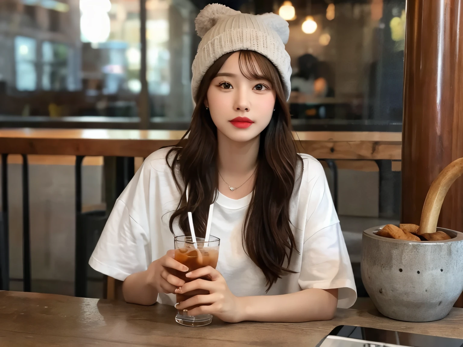 A trendy young woman sitting in a modern, industrial-style café, casually enjoying a drink. She has long, straight brown hair and is wearing an oversized white T-shirt with a graphic design, paired with a grey beanie hat. The background features exposed concrete walls, metal pipes, and warm, ambient lighting, creating a relaxed and contemporary atmosphere. The table in front of her has a glass of iced coffee and a small plate of food.
