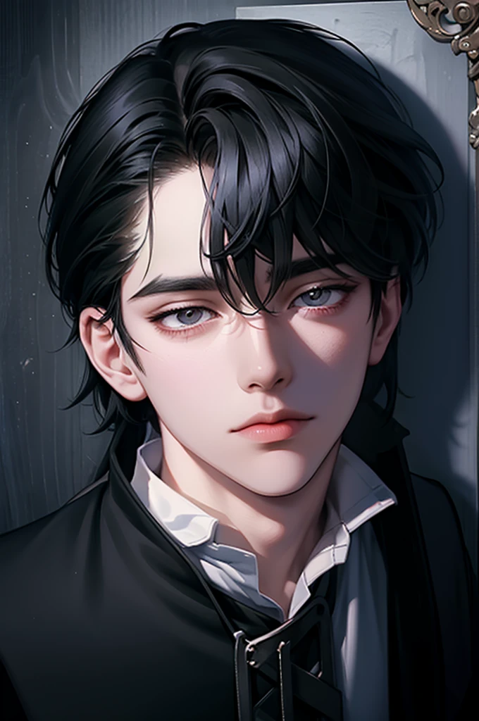 masterpiece, best quality, 1 person, adult, male focus, alone, medium black hair, vibrant black eyes, looking at viewer, closed mouth, aunt, fantasy aesthetics, very detailed, Shadowverse Style, white shirt