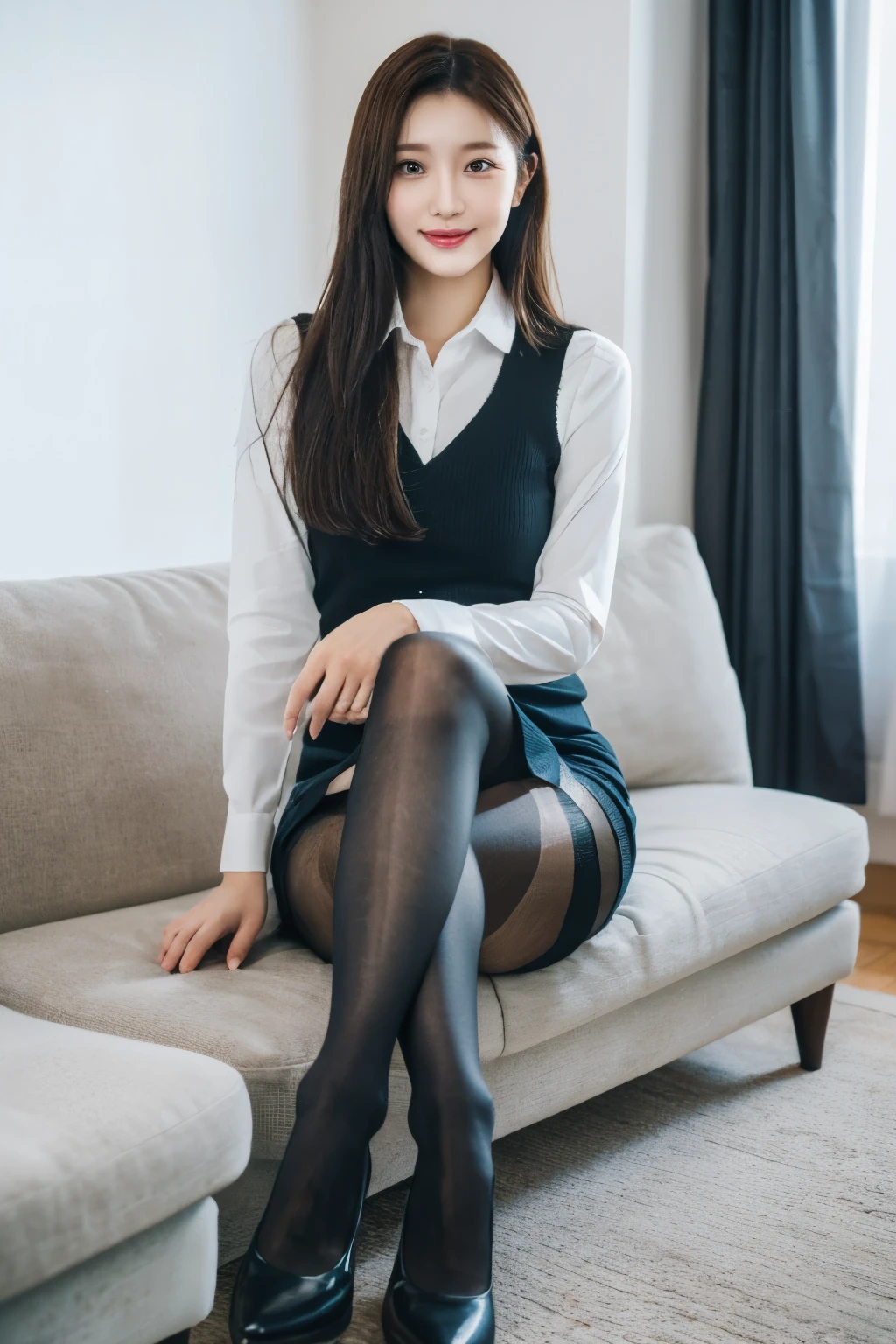 ulzzang-6500-v1.1, (RAW Photos:1.2), (Photorealistic), (Genuine:1.4), There is an office lady sitting cross-legged on the sofa., (Ultra-realistic pantyhose:1.3)、Skirt and thighs、Wearing a vest、White ultra-thin shirt、Dressed in a strict suit, Various poses, 30-year-old woman, 30-year-old woman, Height: 165cm, Full Leg、Laughter、 Vivid details, Super Detail, Realistic skin texture, Detailed aspect, Beautiful details in the eyes, Makeup, (Detailed Background:1.2), Shiny skin、Bare thighs!!!、