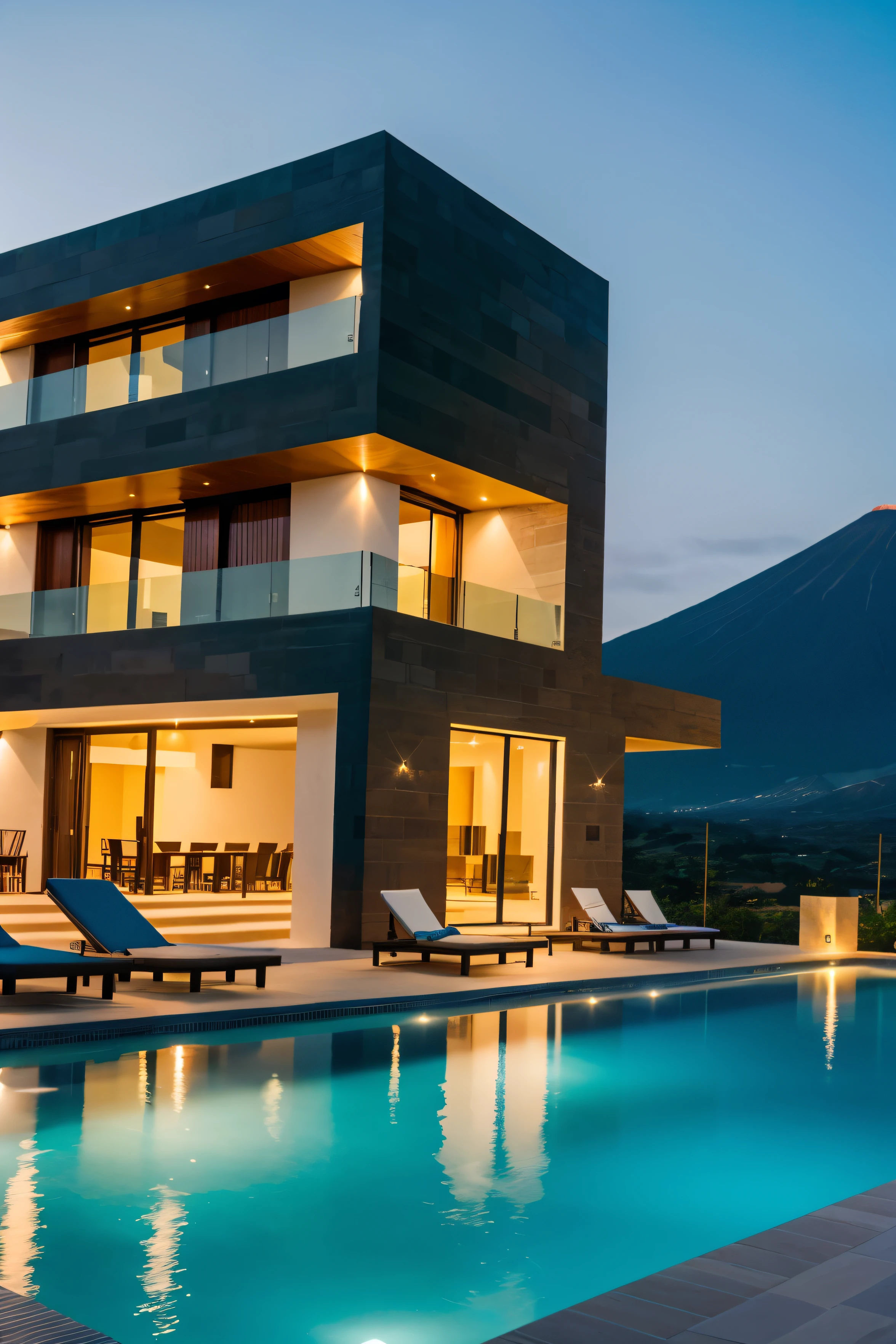 photograph of a 4-story building with modern architecture (Lights, cornizas, pool) with Arequipeño ashlar finishes. Where in the back is the Misti volcano