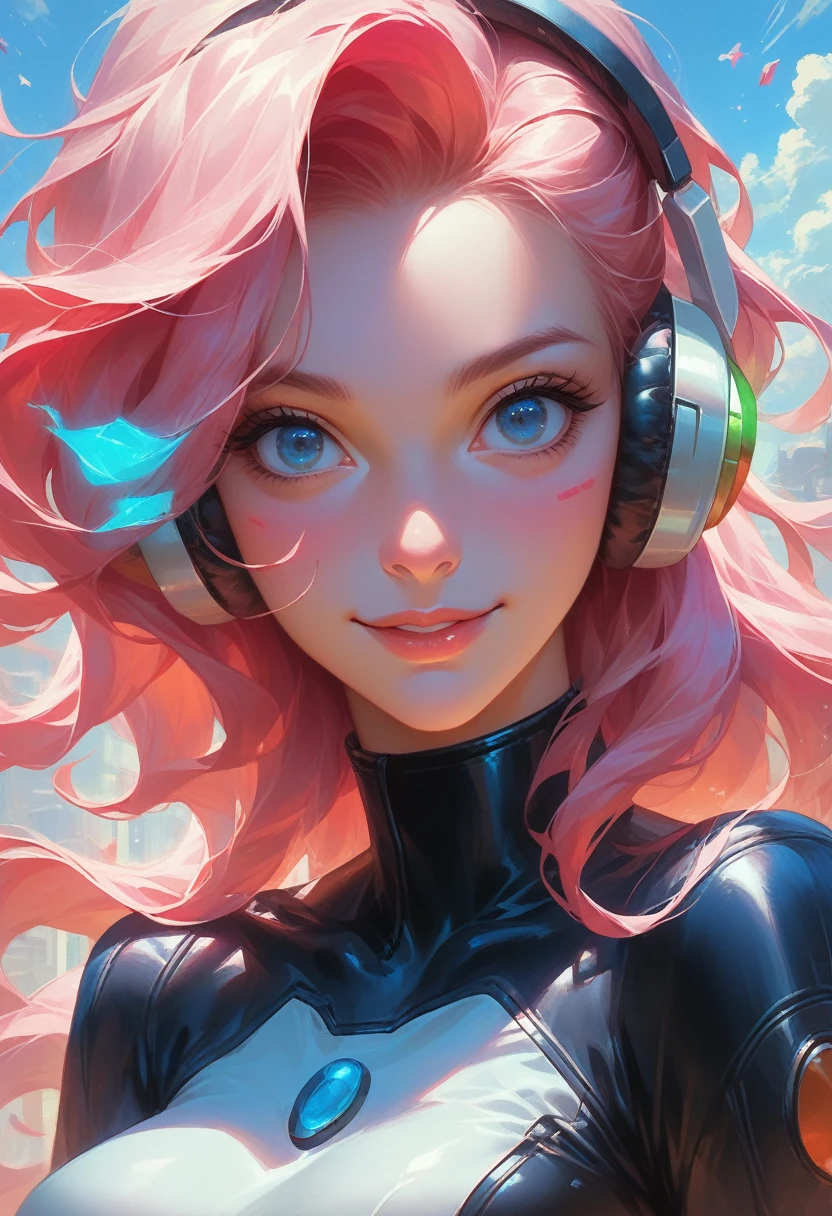 A beautiful pink-haired girl wearing headphones, a sci-fi action set on Mars in the 2500s, a body suit with a black base that emits a glow, a complex pattern that emits light, a smiling face, and blue eyes staring at you, at cyber city