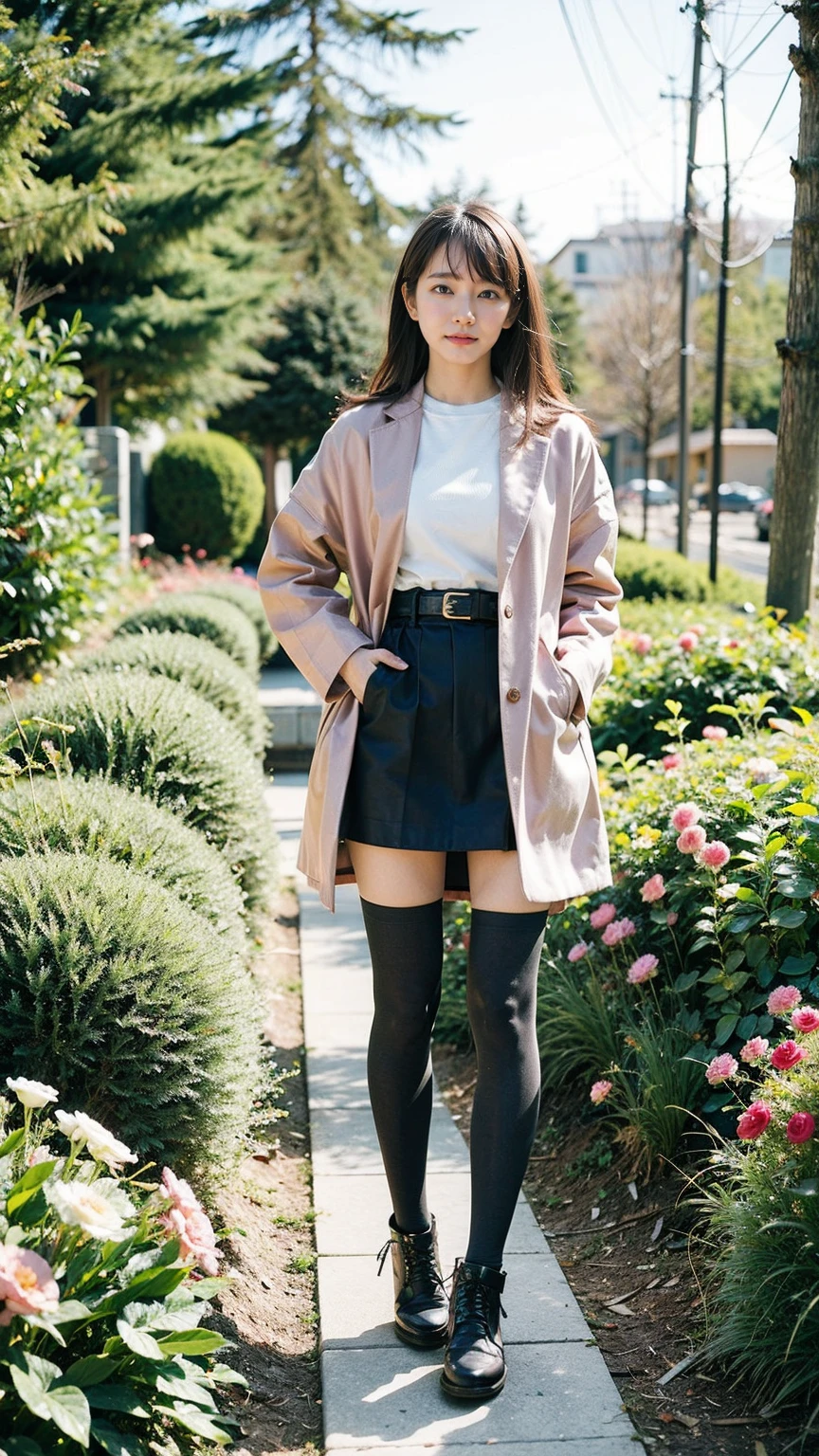 (8k、RAW Photos、Highest quality、masterpiece:1.2)、(Realistic、Realistic)、1 girl、((mini skirt、Pink Coat、black、Thin legs、whole body、boots、one piece、tights、garden、View from the front、Looking into the camera、belt、Stand with hands on hips))、cute