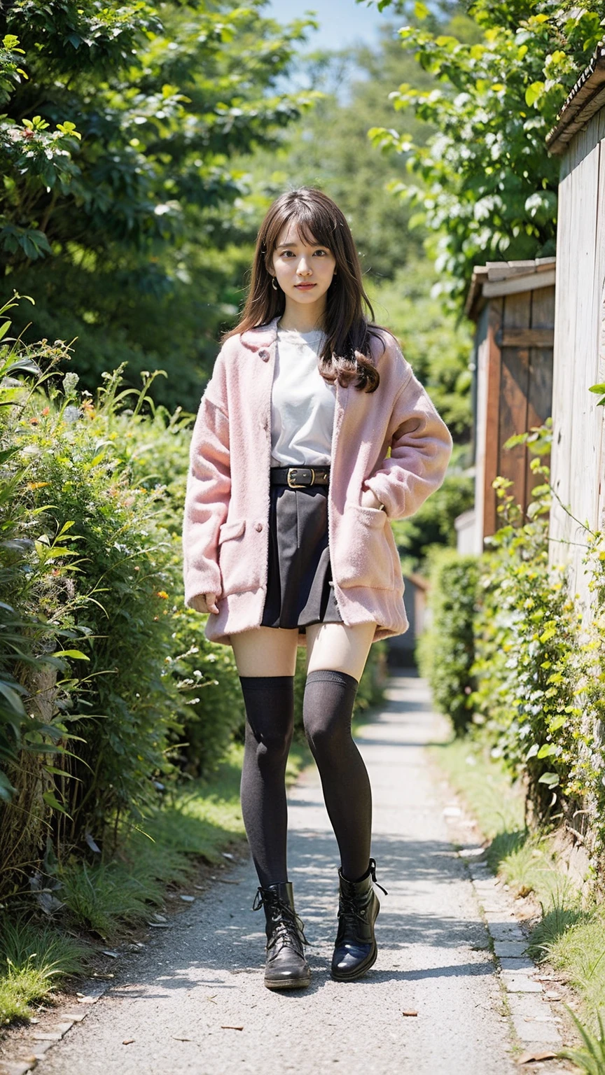 (8k、RAW Photos、Highest quality、masterpiece:1.2)、(Realistic、Realistic)、1 girl、((mini skirt、Pink Coat、black、Thin legs、whole body、boots、one piece、tights、garden、View from the front、Looking into the camera、belt、Stand with hands on hips))、cute