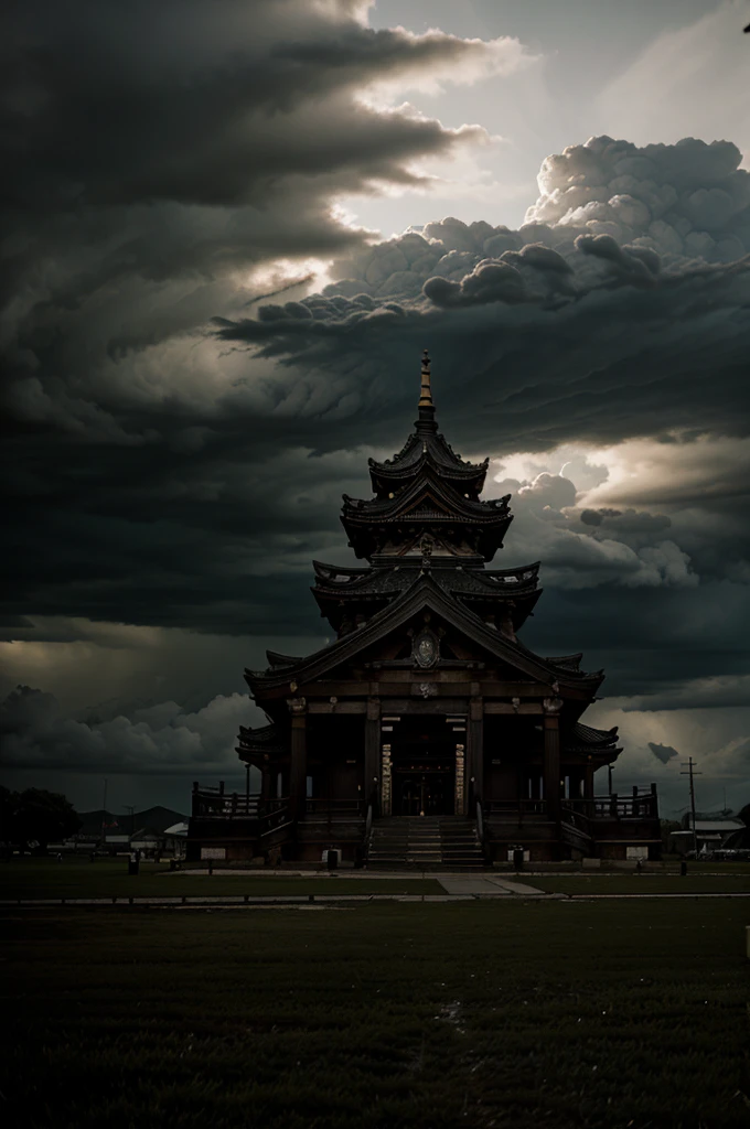 Dark clouds forming and the ground shaking as a dark, ominous presence emerges from the shrine