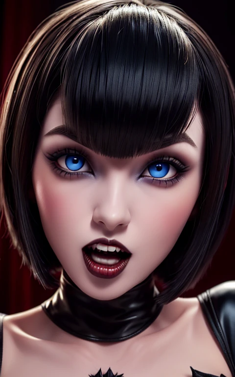 Mavis Dracula closeup, black fur, bobcut,big blue eyes,  voluminous red lips perfectly detailed face and very pretty body , slender, abundant breasts,gothic makeup, growling, showing teeth fangs vampire ,Nswf 