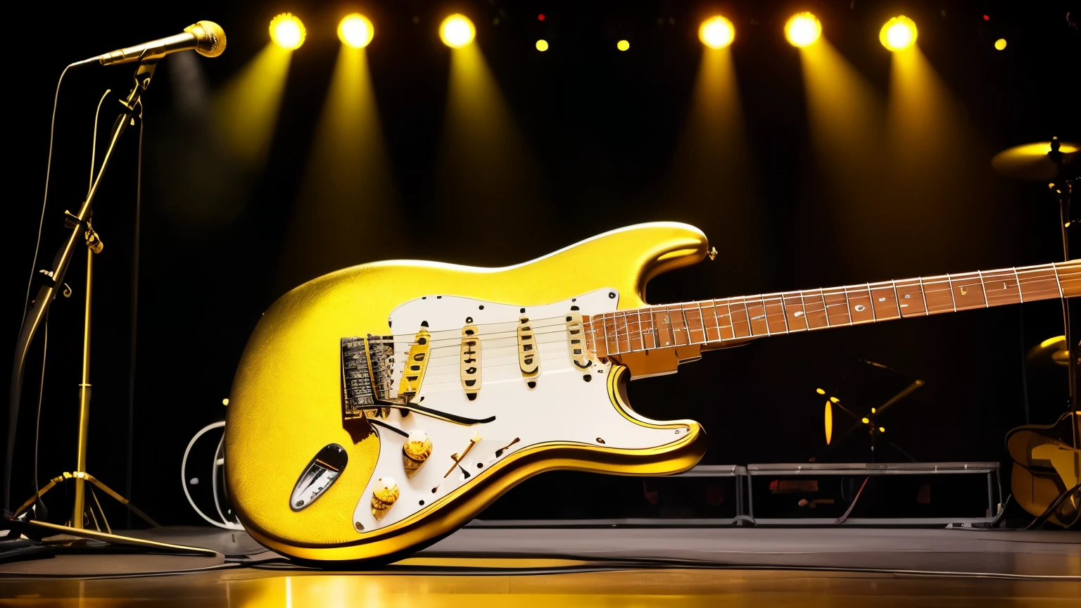 "A big, golden metallic Fender Stratocaster guitar positioned prominently on a stage, surrounded by an array of stage lights. The guitar gleams under the intense illumination, creating a dramatic and eye-catching visual."