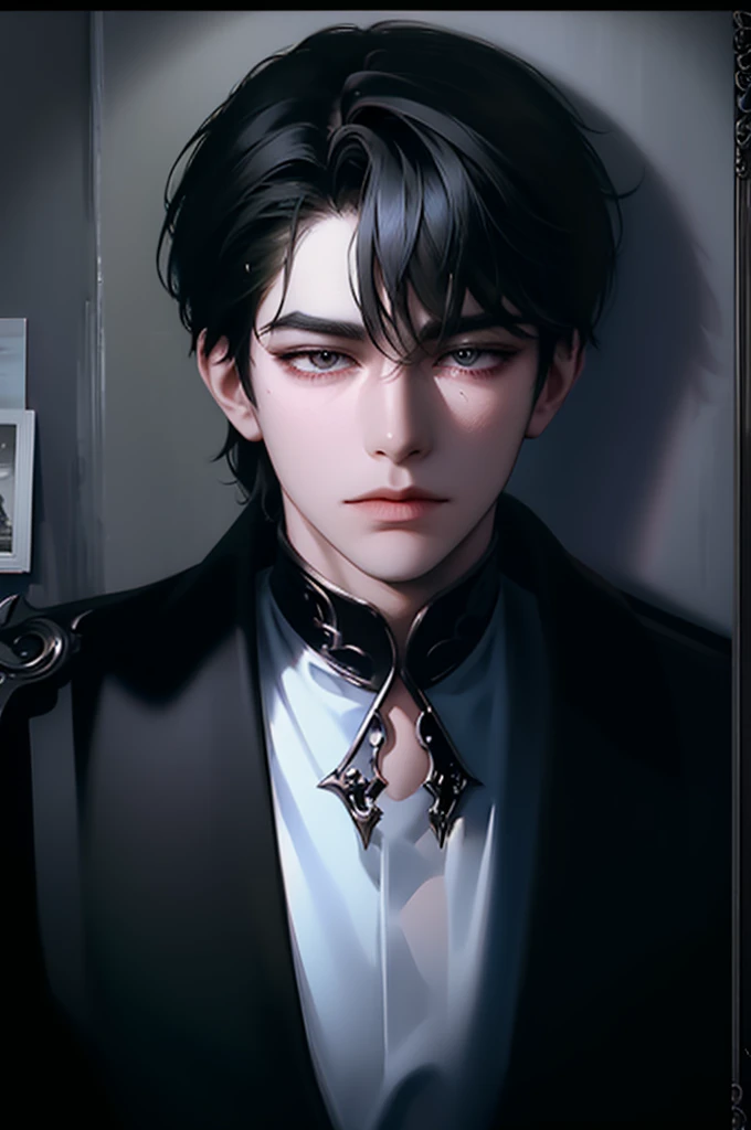 masterpiece, best quality, 1 person, adult, male focus, alone, medium black hair, vibrant black eyes, looking at viewer, closed mouth, aunt, fantasy aesthetics, very detailed, Shadowverse Style, white shirt