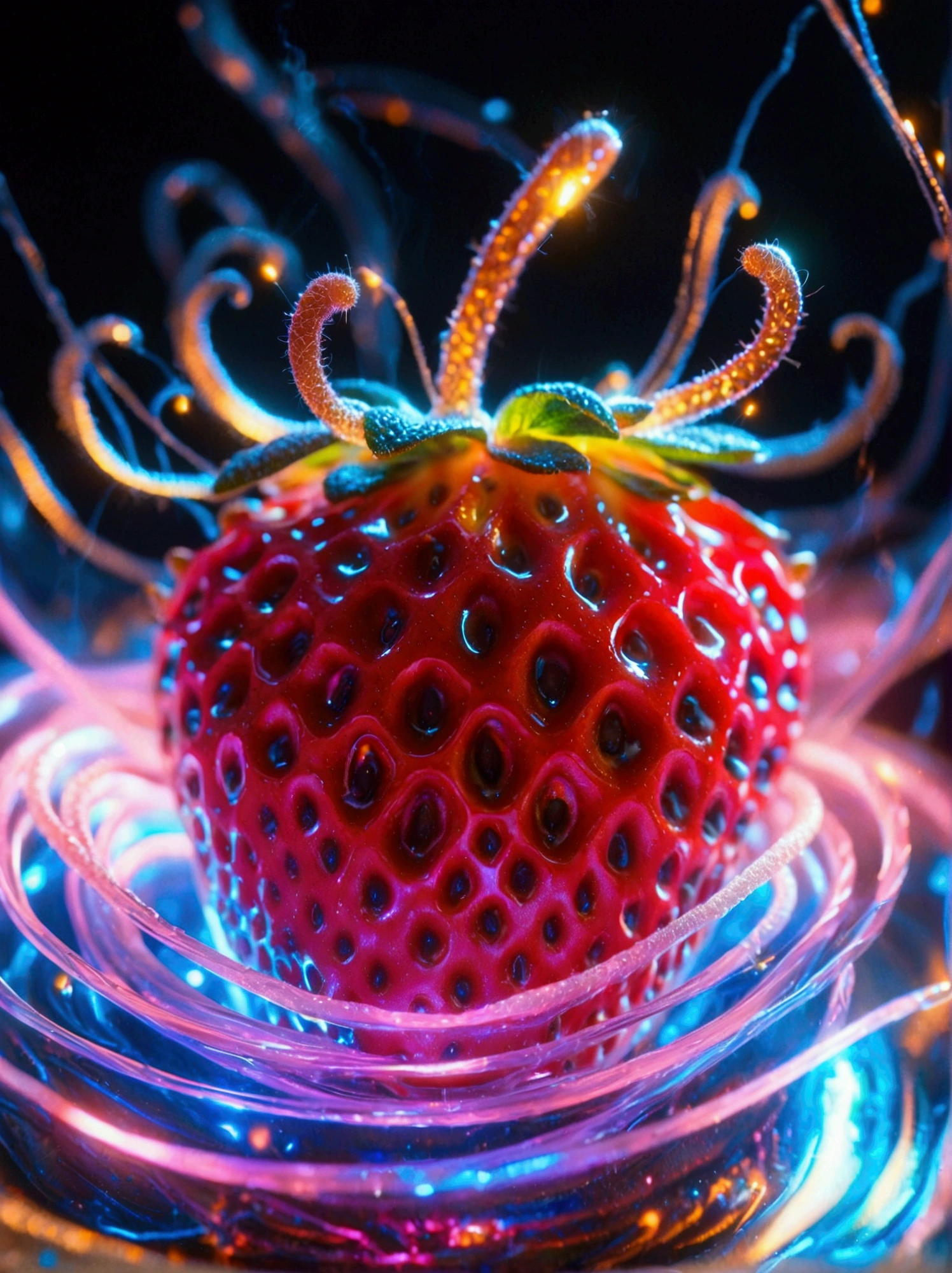 A red strawberry split in half，Capture stunning details with a macro lens，The strawberry is encased in a radiating toroidal field.，This is visually synonymous with electromagnetism，A spiral vortex penetrates the core of the strawberry，​​Surrounded by a swirl of otherworldly neon，Gives a feeling of suspension，These lights flash a deep purple、Electric blue and bright pink，They also illuminate the strawberry from the inside，Suggesting that there is a mysterious energy source at its core，This image was created using a digital simulation of a soft brush，Completed in unison in a fascinating and mysterious sci-fi setting，A perfect blend of natural beauty and technological aspects