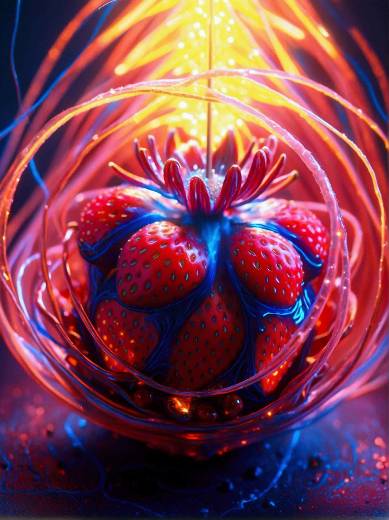 A red strawberry split in half，Capture stunning details with a macro lens，The strawberry is encased in a radiating toroidal field.，This is visually synonymous with electromagnetism，A spiral vortex penetrates the core of the strawberry，​​Surrounded by a swirl of otherworldly neon，Gives a feeling of suspension，These lights flash a deep purple、Electric blue and bright pink，They also illuminate the strawberry from the inside，Suggesting that there is a mysterious energy source at its core，This image was created using a digital simulation of a soft brush，Completed in unison in a fascinating and mysterious sci-fi setting，A perfect blend of natural beauty and technological aspects