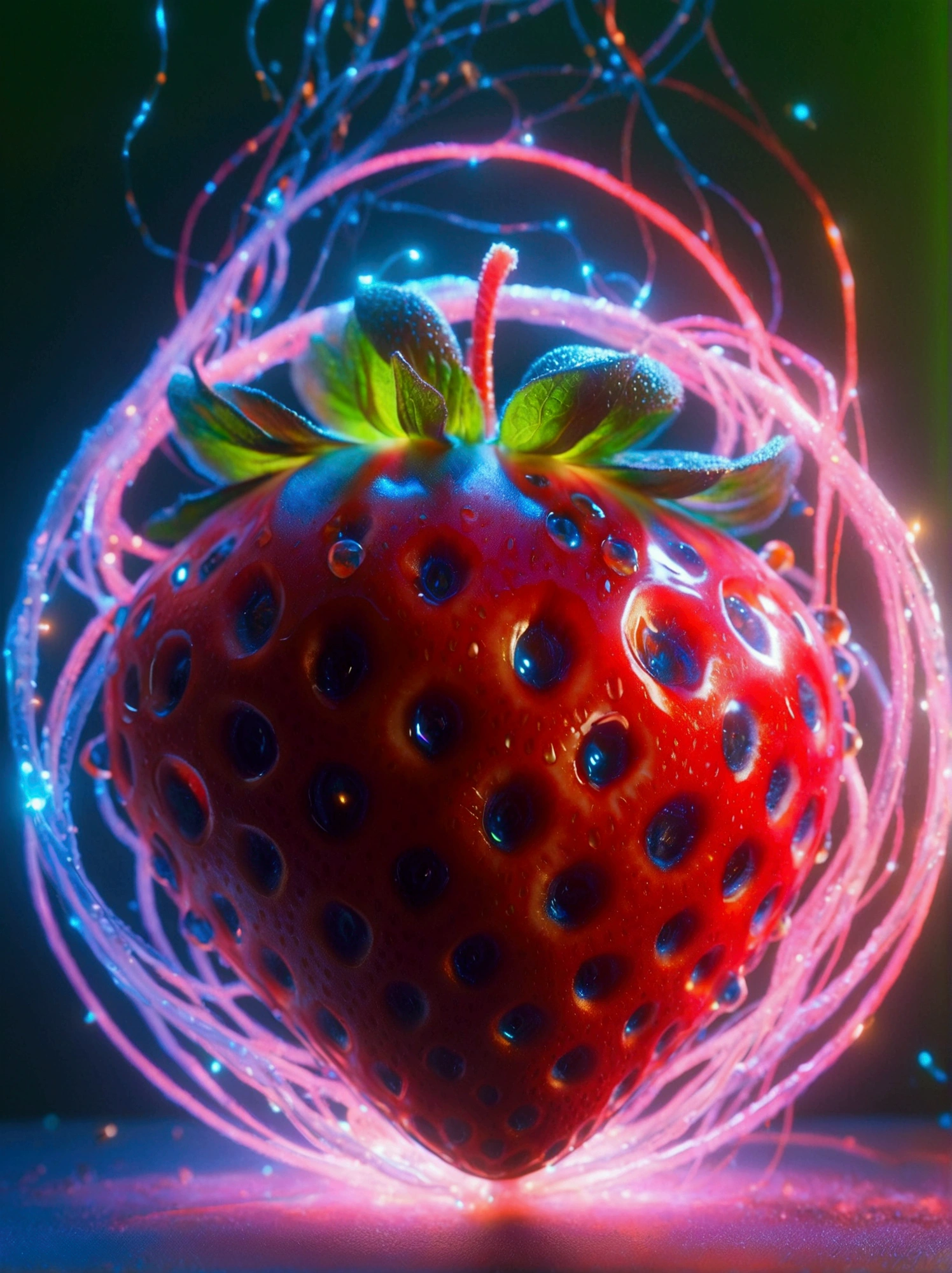 A red strawberry split in half，Capture stunning details with a macro lens，The strawberry is encased in a radiating toroidal field.，This is visually synonymous with electromagnetism，A spiral vortex penetrates the core of the strawberry，​​Surrounded by a swirl of otherworldly neon，Gives a feeling of suspension，These lights flash a deep purple、Electric blue and bright pink，They also illuminate the strawberry from the inside，Suggesting that there is a mysterious energy source at its core，This image was created using a digital simulation of a soft brush，Completed in unison in a fascinating and mysterious sci-fi setting，A perfect blend of natural beauty and technological aspects