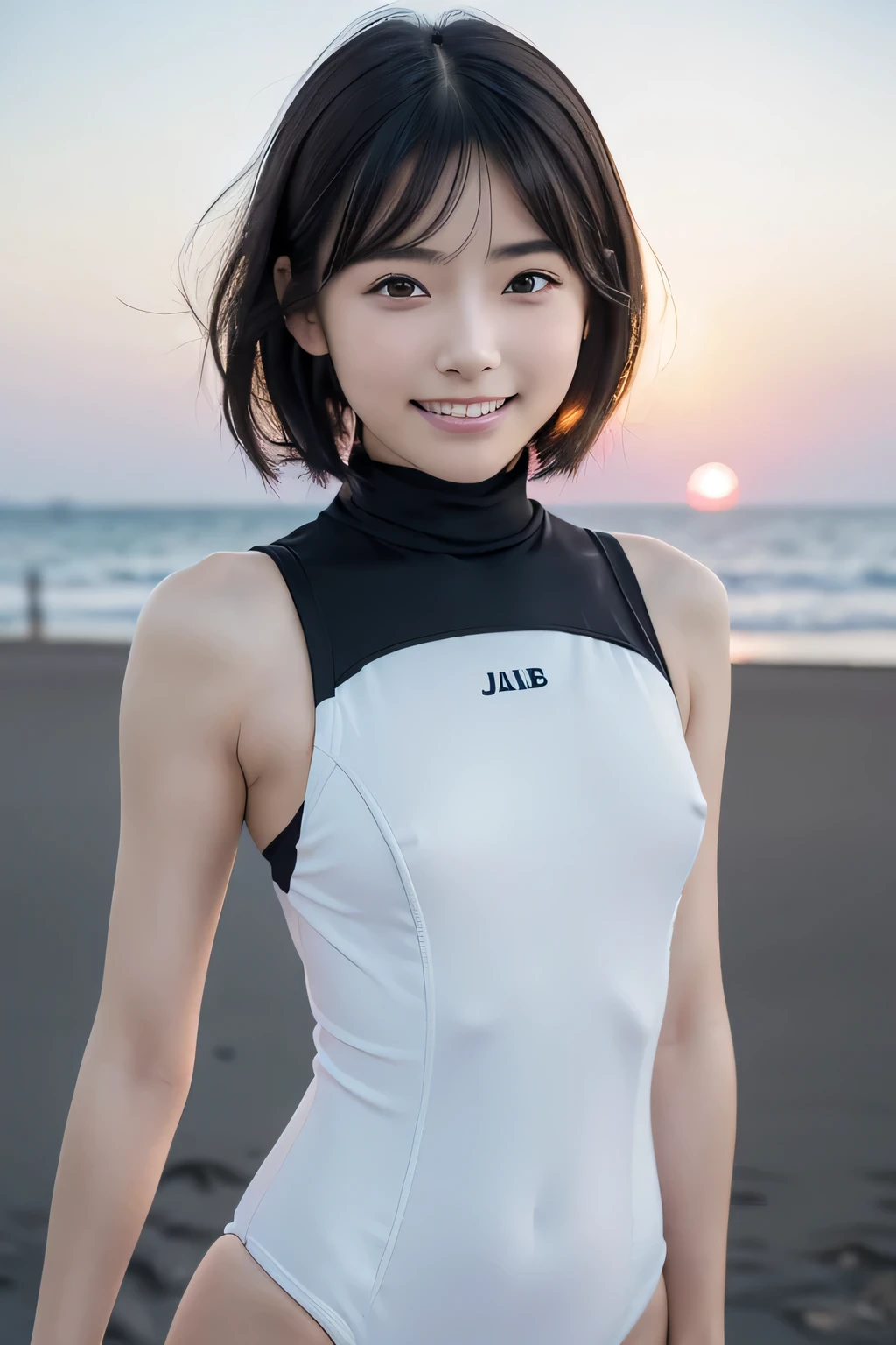 (Hyper Reality: 1.35), (Realistic: 1.4), Beautiful Japanese Women, smile, alone. masterpiece, 最high quality, high quality, alone, very good, Latin, puberty, Only one girl, Well trained, muscular, (((Slim figure)), ((The body is slim)), small nipples, Large Breasts, ((最high quality)),((Hello)),((Very delicate and beautiful)),((Very shallow depth of field)), Hmph,((Incredibly shallow depth of field)). family friendly)), (((Very delicate and beautiful)), (((Very shallow depth of field))), Hmph, (((Unbelievably absurd))), (((Black Hair )), (((Shortcuts))), (((Bob Hair))), ((( Camera Eye)))), (((small ))), (((smile))), poor, my + background, Dynamic Angle, Focus on women, {Particles of light}, Detailed background, Soft lighting, (dramatic) sunset), sunset, very beautiful sunset, Live Action, Realistic, (blurred background), (()),, (((wind:1.5))), ((Movement)), ((emotion)), ((colorful)), ((Baby Face)), ((Beautiful Teeth)), Wither, sea background, No makeup, whole body, ((Side bust)), BDSM, Browsing Caution, High neck, turtleneck, High cut latex racing style swimsuit,