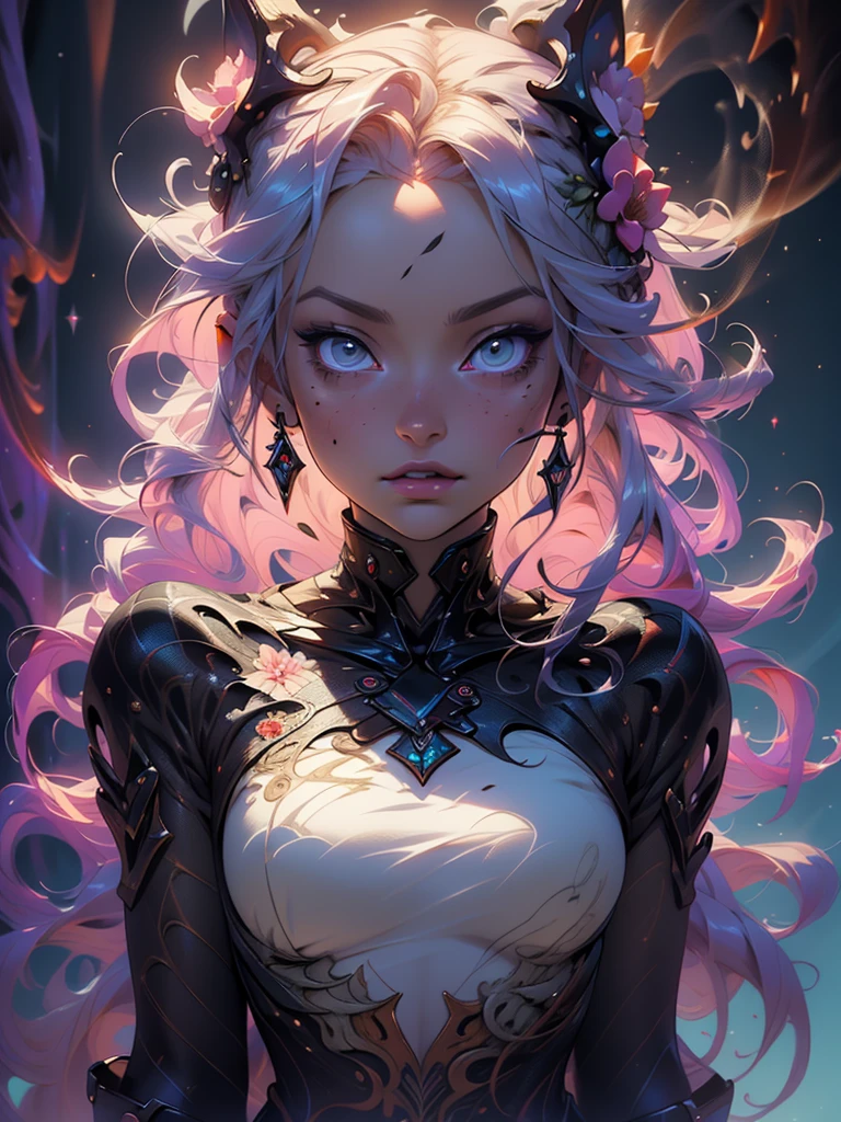 Beautiful queen of the dark zodiac, beautiful fantasy, perfect, pastel, magical swirls and smoke, fantasy, long flowing hair, cinematic, beautiful, masterpiece, studio quality, smooth rendering, digital painting, fine art, high detail, lighting cinematic, dramatic, 8k, post-processing, raw, depth of field, pastel colored, hyperrealism, flower crown, realistic proportions, dramatic lighting, 1girl, seductive, delicate