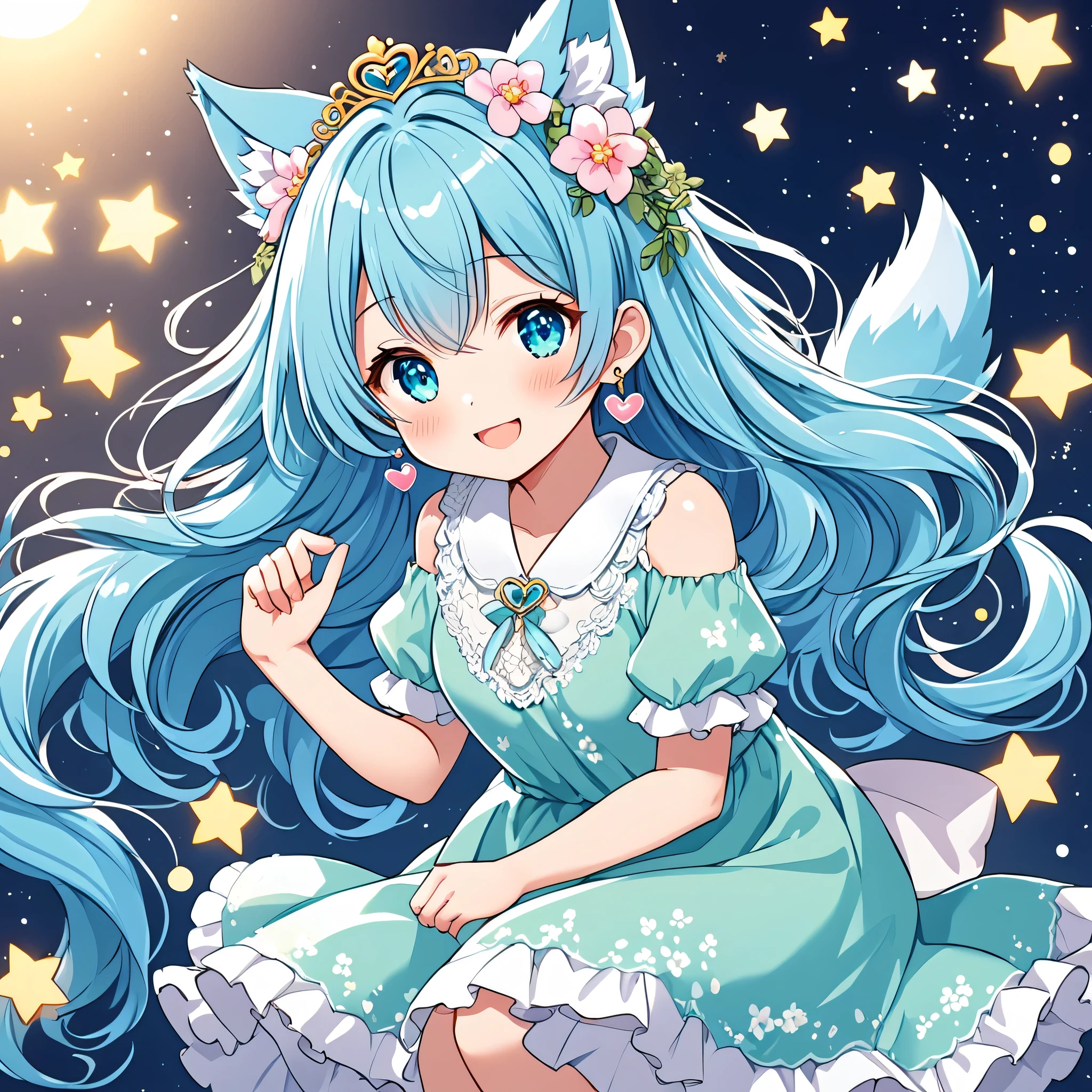 The mascot of the Anime Lover Brazil website is a  Japanese demi-human journalist with a charming appearance and a vibrant personality.. Your hair is sky blue, long and a little wavy, falling gracefully from the shoulders. Your eyes are big and clear, always glowing with curiosity and enthusiasm. The skin is clear and smooth, highlighting your semi-human nature with a delicate lightness.The mascot has wolf ears covered in soft blue fur, positioned on top of the head, giving a lovely and distinctive appearance. She has a blue wolf tail that wags happily, reflecting your emotions.

For spring, the mascot wears a light and flowing light pink or mint green dress, with delicate floral prints. The dress has short sleeves and is slightly flared, providing freedom of movement. On the feet, She wears comfortable flats matching her dress. As an accessory, she can wear a flower tiara that complements her sky blue hair. Small heart or star shaped earrings remain, adding extra charm. The mascot continues to display a beaming smile or an expression of curiosity.

She also wears small heart or star shaped earrings., adding extra charm.The mascot is often seen with its arms cutely crossed or with one hand raised, as if explaining something enthusiastically. She always wears a beaming smile or an expression of curiosity, ready to discover new stories.