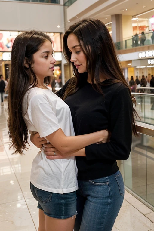 Create an image of mother and daughter at the mall. The mother must be around 44 years old and her age must be clear, with extremely short dark hair, and the daughter must be around 8 years old, and long lighter hair, but within the same color. The relationship between the two must be unbalanced, the daughter&#39;s attitude being more adult and the mother&#39;s more . The image must be ultra-realistic with 8k quality and fullhd.