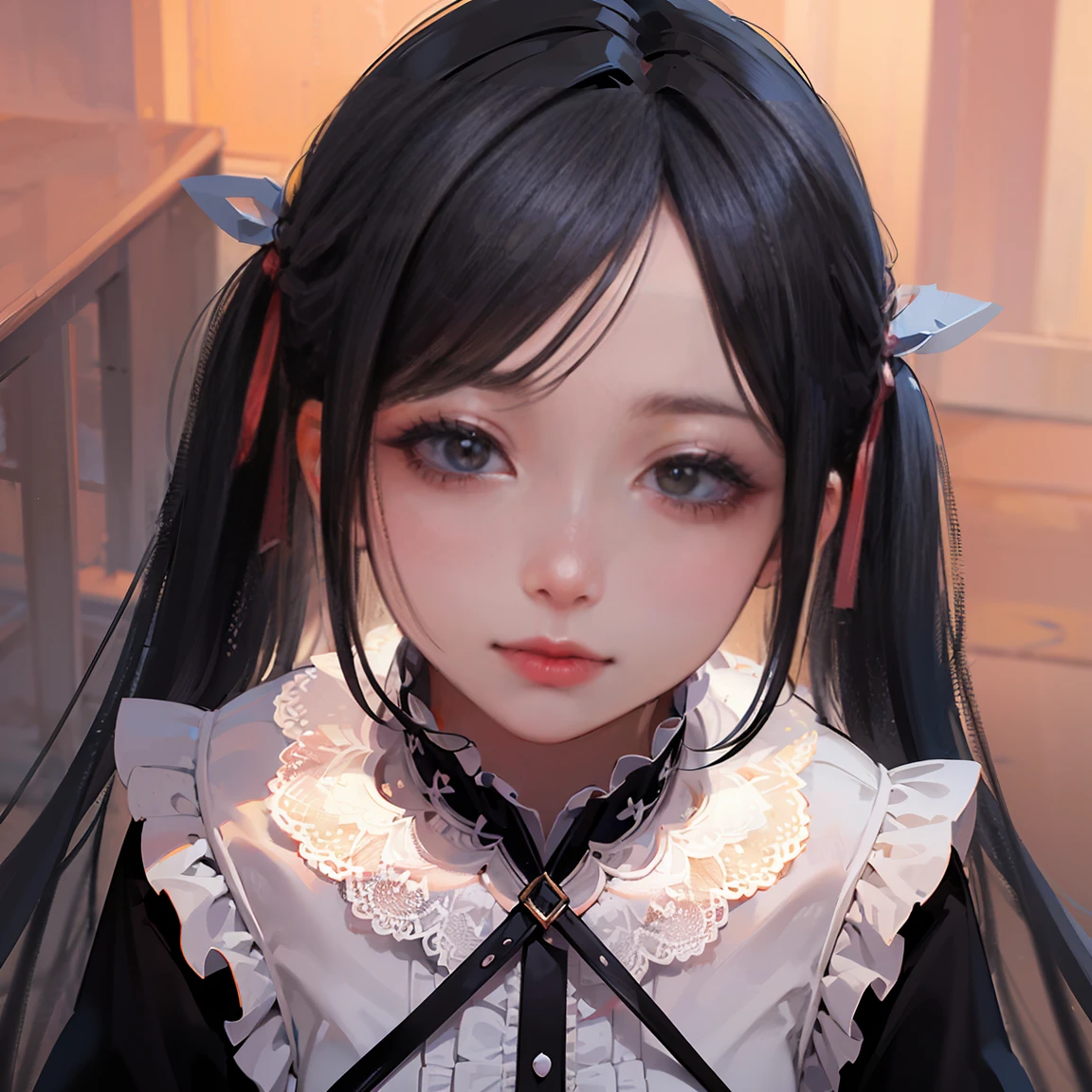 (8k, RAW Photos, Highest quality, masterpiece: 1.2), (Real、Photorealistic: 1.4), (Highly detailed 8K wallpapers), Very delicate and beautiful, Ultra-high resolution, 3d, A girl as cute as a doll, highly detailed dress, ribbon, Highly detailed twintails, Blunt bangs, Highly detailed glossy black hair, Transparent white skin, Pink Cheeks, large, round eyes, Thin lips, round face, From above, Looking at the camera, The best light, Perfect composition,