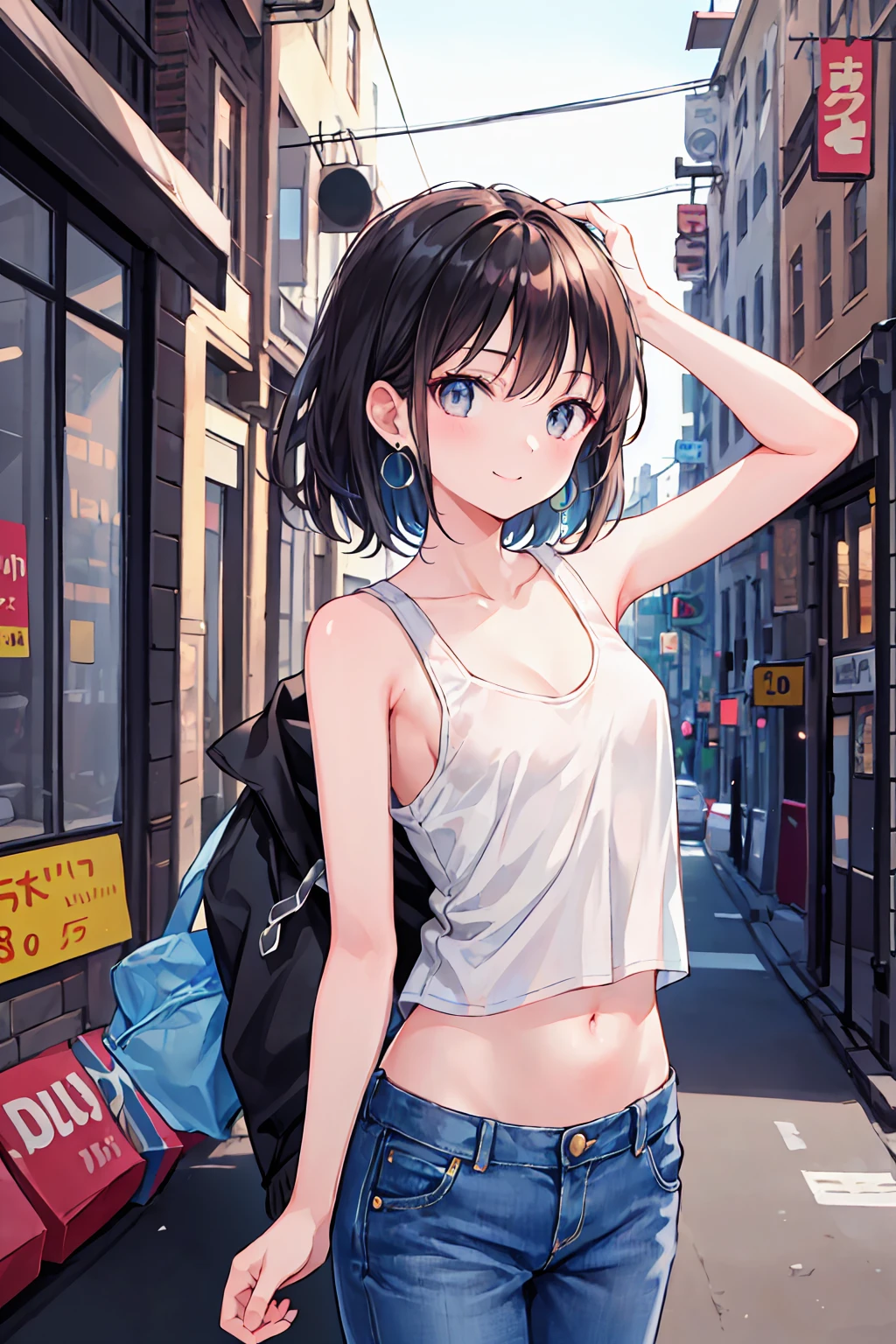 (8k、Best image quality、Highest quality、masterpiece)、Detailed face、1 girl、Black Hair、Shortcuts、Grey Eyes、Bright smile、Earrings、Small breasts,Flat chest,White tank top、Denim Long Pants、Cowboy Shot、Urban Background,