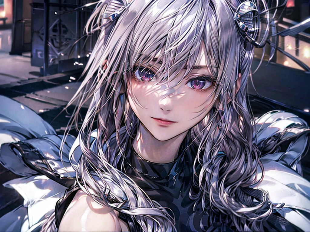 (Half Shot),(Surreal), (shape), (Increased resolution), (8k), (Very detailed), (Best shape), (Beautiful and detailed), (Highest quality), (Very detailedな), (masterpiece ), ( wallpaper), (Detailed face), Small breasts、Mature Woman, Looking at the audience, The finer details, Detailed face, In the Dark, Deep Shadow, Red Eye, Inconspicuous key, Pure erotic face ace_v1, smile, Long Hair, Silver shawl straight hair , 46 point diagonal bangs, (Light_smile:0.5), (Very embarrassed:0.8),