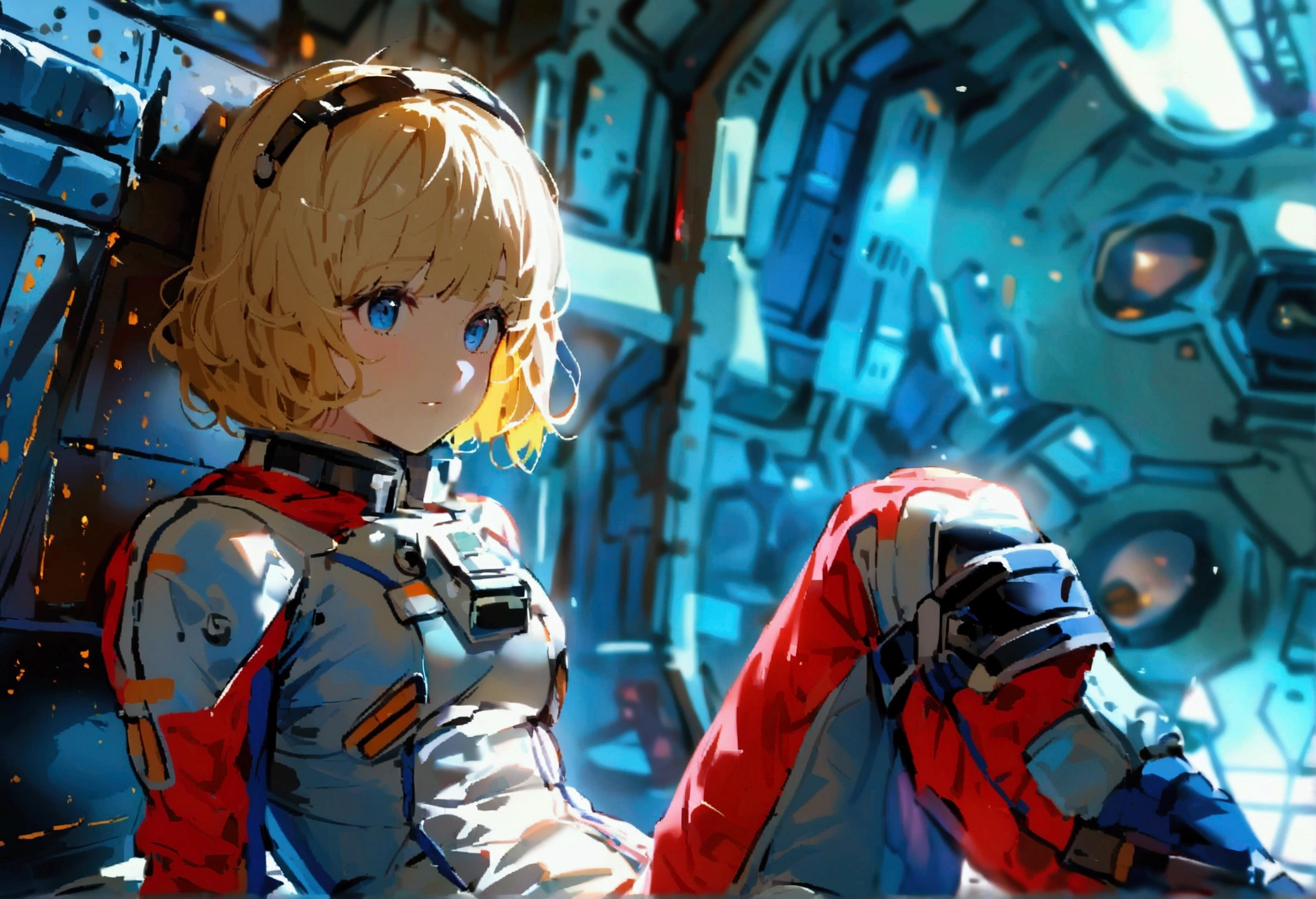 Tomboish girl, short blond hair, blue eyes, wearing a space military skinsuit, she sits on the floor and leans on to a inner wall of a spaceship