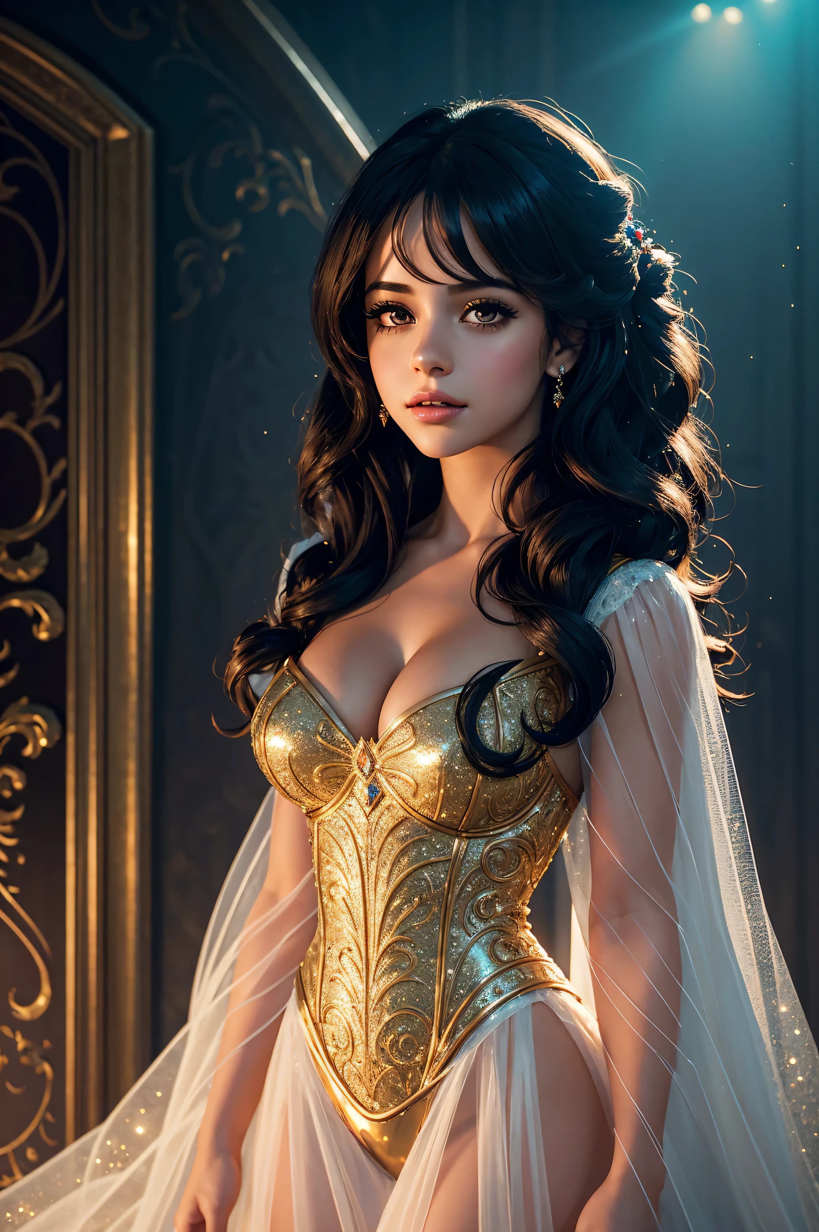 portrait Camila Cabello, wearing latex Cinderella costume, against the background of the Disney castle, character portrait, 1 9 9 0 s, wavy hair, intricate, elegant, highly detailed, digital painting, artstation, concept art, smooth, sharp focus, illustration, art by wlop, charlie bowater and alexandra fomina, 36k, glittering, shining, correct anatomy