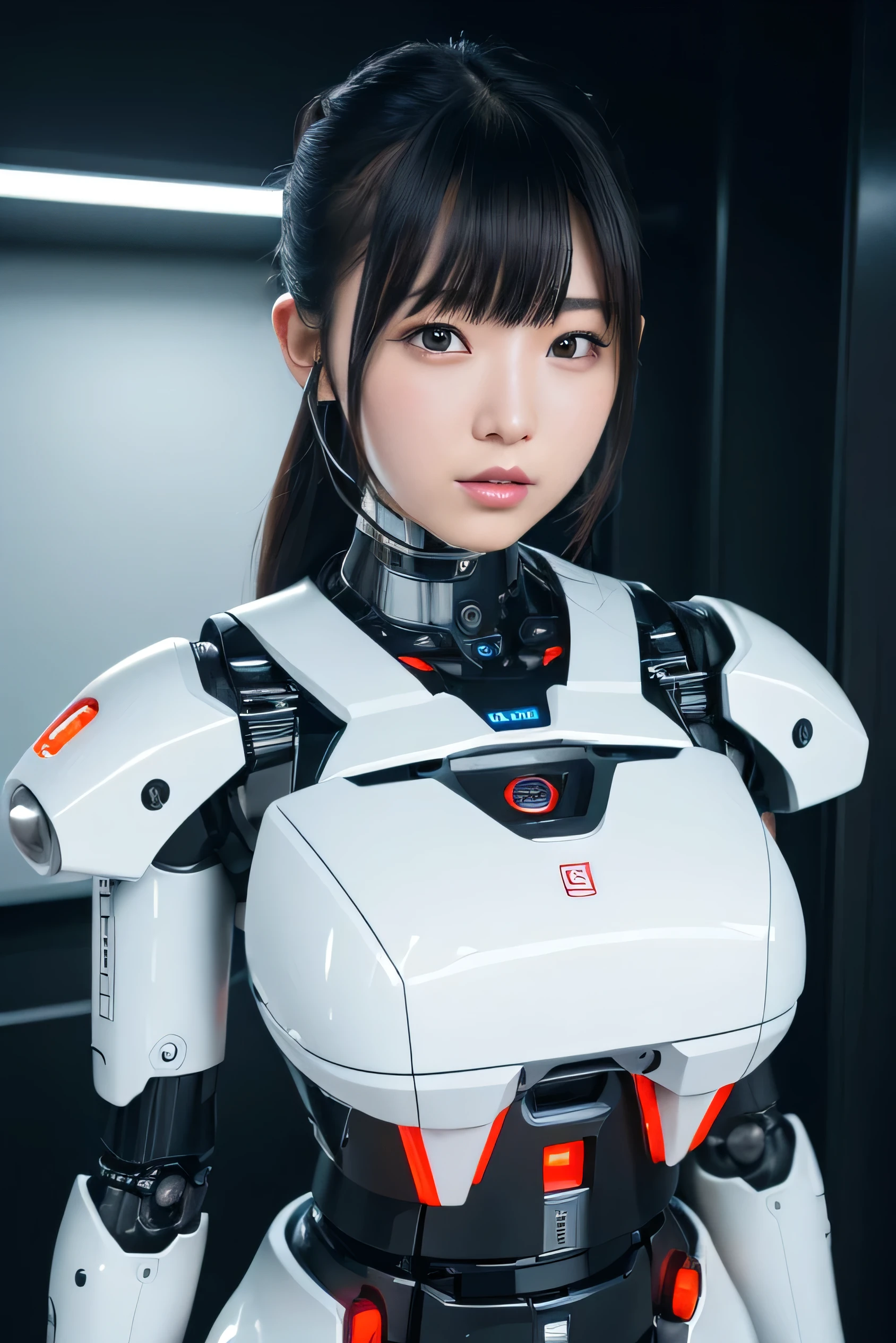 masterpiece, best quality, extremely detailed, Japaese Cyborg girl,Plump , control panels,android,Droid,Mechanical Hand, Robot arms and legs, Black Robot Parts,Black hair,Mechanical body,Blunt bangs,White robotics parts,perfect robot girl,long tube,thick cable connected her neck,ceramic body ,mechanical body, mechanical ear cover, mechanical costume,android,robot,humanoid,cyborg,japanese android woman ,mechanical chest,full eyes,future laboratory,connecting a cable between the legs,white mouth cover