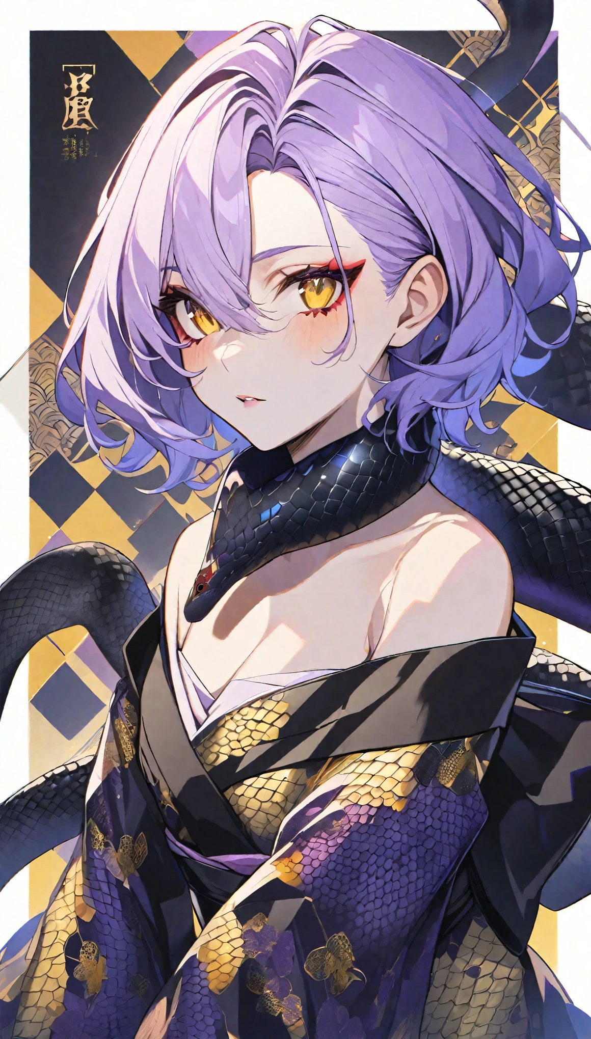 1 girl, Light purple hair, Yellow Eyes, Purple off-shoulder kimono, Beautiful Face, poker face, Black snake pattern, Black ribbon around the neck、Kimono with snake scale pattern, Personal illustrations, short hair, front