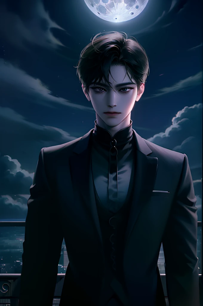 masterpiece, best quality, 1 person, adult, male focus, alone, medium black hair, vibrant black eyes, looking at viewer, closed mouth, aunt, fantasy aesthetics, very detailed, Shadowverse Style, white shirt, cloud, full moon, black suit