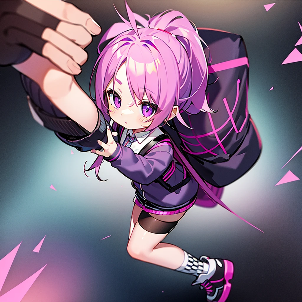 girl、Pink Hair、ponytail、Purple Mesh、Black cardigan、Checked shorts、Black backpack、Chibi Character、Mini character、Character portrait、