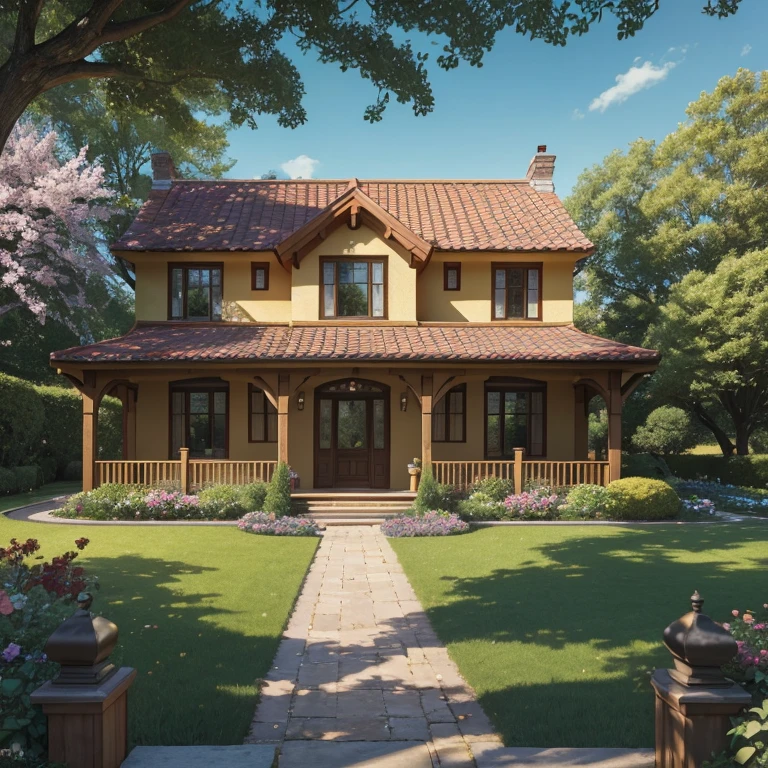 Masterpiece, best quality, high quality, (best quality,4k,8k, highres,masterpiece:1.2), ultra-detailed,(realistic,photorealistic,photo-realistic:1.37),large house in the countryside with beautiful detailed gardens, two-story house, red brick exterior, white-framed windows, sloping roof with chimneys,tall green trees surrounding the house, blooming flowers in vibrant colors, colorful flower beds, a winding stone pathway leading to the front door, a cozy porch with rocking chairs, a swing hanging from a tree, a wooden fence separating the house from the rest of the garden, a peaceful and serene atmosphere, warm and golden sunlight streaming through the leaves, soft shadows creating depth and contrast, vivid colors and rich textures, a sense of tranquility and harmony, capturing the beauty of nature, architecture in perfect balance