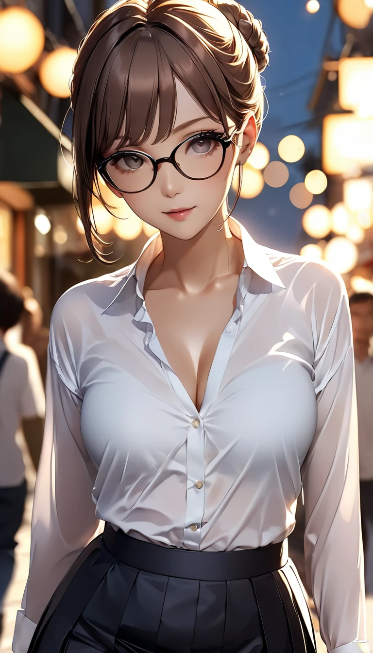 8K, high resolution, detailed face, perfect body,super high quality, absurdres, ultra detailed, Kisaki eri, mature woman, perfect body, (brown hair), (messy bun hair),  on the streets, walking, sunlight, volumetric lighting, bokeh, ((tight skirt)) ((white shirt)) (open shirt) , wearing glasses, close-up photo