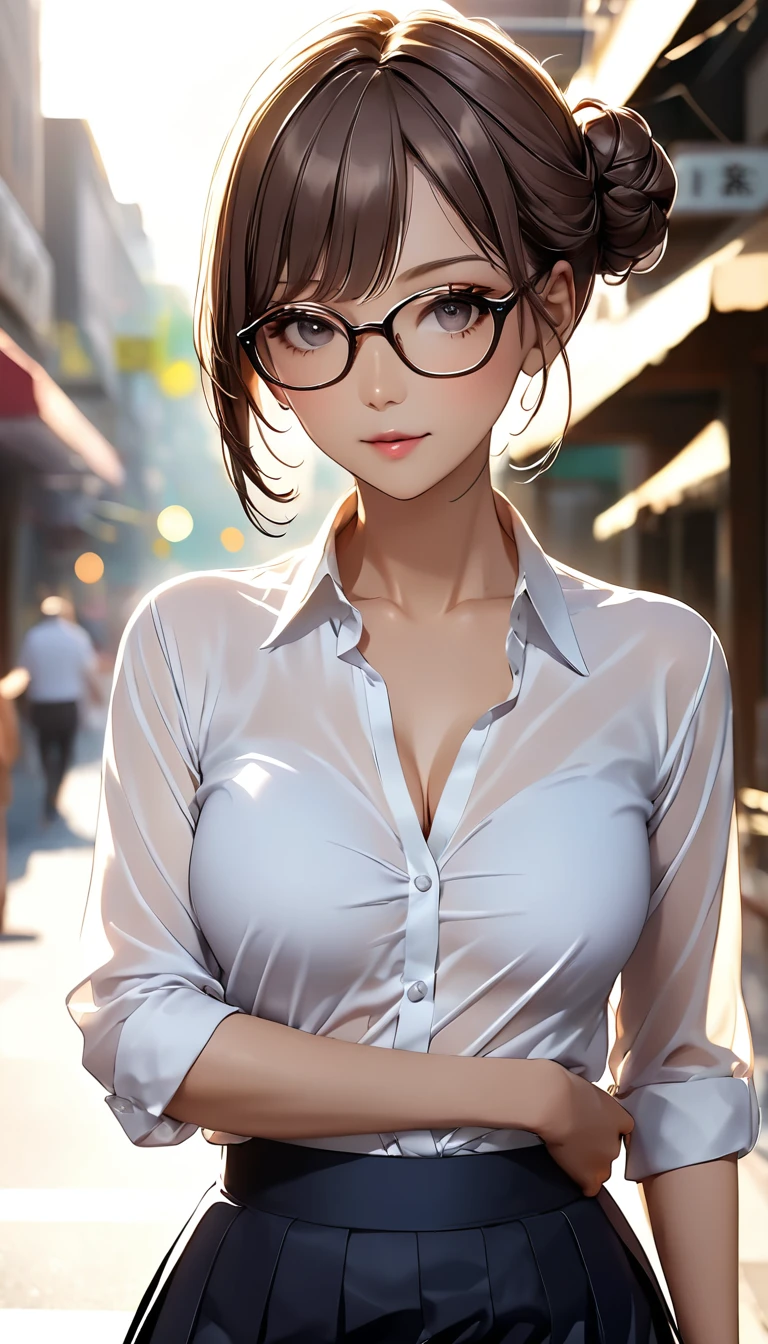 8K, high resolution, detailed face, perfect body,super high quality, absurdres, ultra detailed, Kisaki eri, mature woman, perfect body, (brown hair), (messy bun hair),  on the streets, walking, sunlight, volumetric lighting, bokeh, ((tight skirt)) ((white shirt)) (open shirt) , wearing glasses, close-up photo