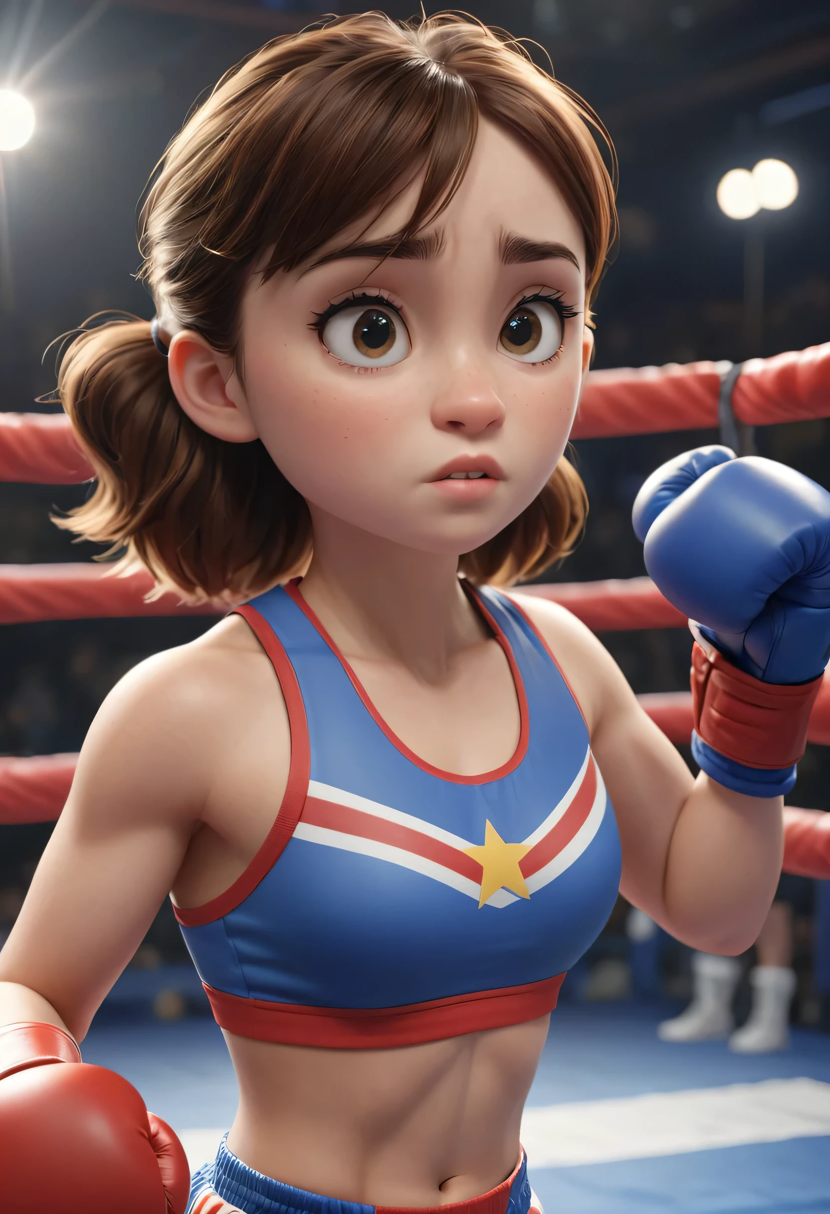 Girl on the boxing ring. Close up. High quality Pixar, hyper realistic image. 4k
