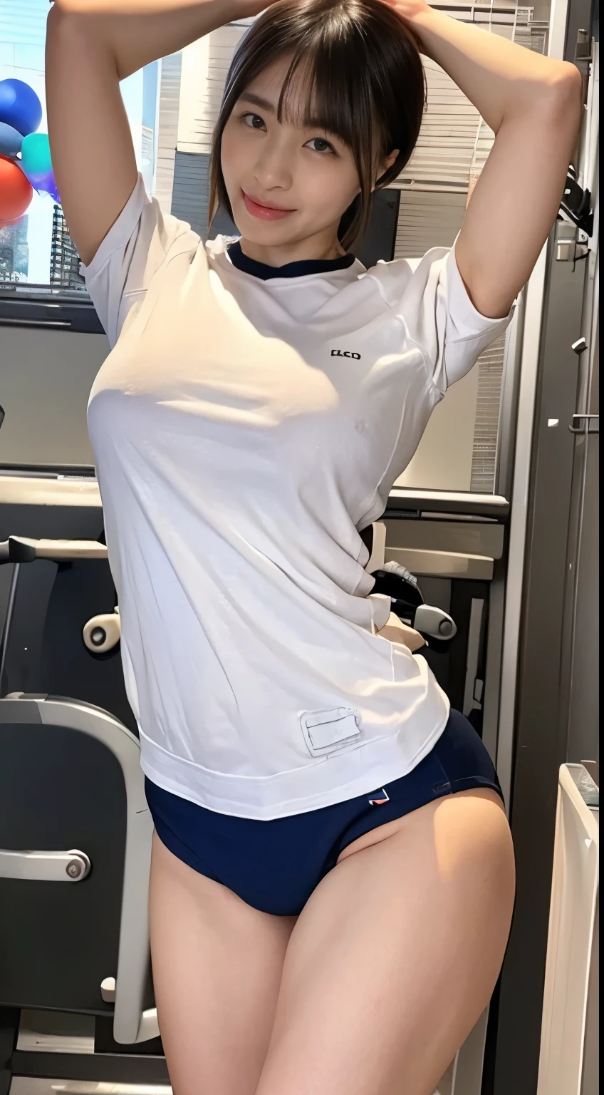 alone、high school girl、White skin、Natural Makeup、Black Hair、bangs、Straight Long Hair、(((White short-sleeved T-shirt on the upper body)))、(((Long white gym clothes)))、(((Very tight bloomers)))、(((Mid rise bloomers)))、(((Navy Bloomers)))、(((Tuck the bottom of your gym clothes into your bloomers)))、Big Breasts、Big Ass、(((Schoolyard)))、(((Realistic fingers)))、(((Realistic style)))、((Perfect figure))、(((upright)))