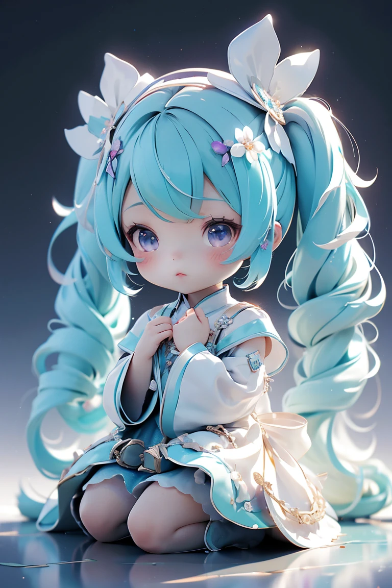 One girl,Havesune miku,Long Hair,alone,Twin tails,Little,Have,White Background,flower,hair flower,hair ornaments,Purple Hair,White mesh,Gradation,Sitting,Simple Background,Black Dress,View your viewers,White dress,very Long Hair,blue eyes,Aqua Hair,bangs,plant,Little,Blind Box,Rendering 3D Models,