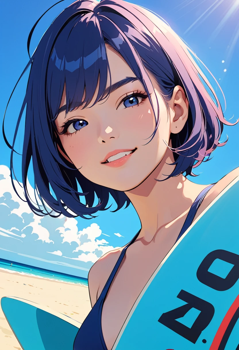 (masterpiece, best quality:1.1),
popart style,flat color,(girl has a board that says "20000over" ), cute face,bikini,enjoying,beach,okinawa,friendly,very happy,beautiful lighting,dynamic angle,depth of field,photographic portrait, sharp,BREAK (girl,16yo,detailed face,(darkblue wavy-short hair),eyebrows,middle small breasts),