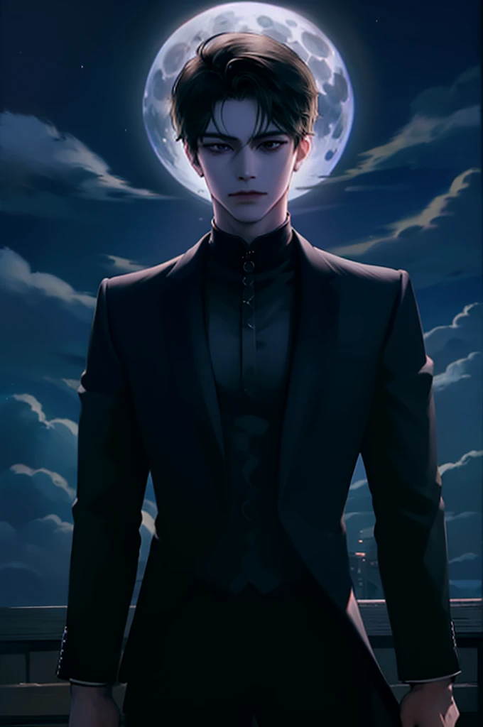 masterpiece, best quality, 1 person, adult, male focus, alone, medium black hair, vibrant black eyes, looking at viewer, closed mouth, aunt, fantasy aesthetics, very detailed, Shadowverse Style, cloud, full moon, black suit white shirt