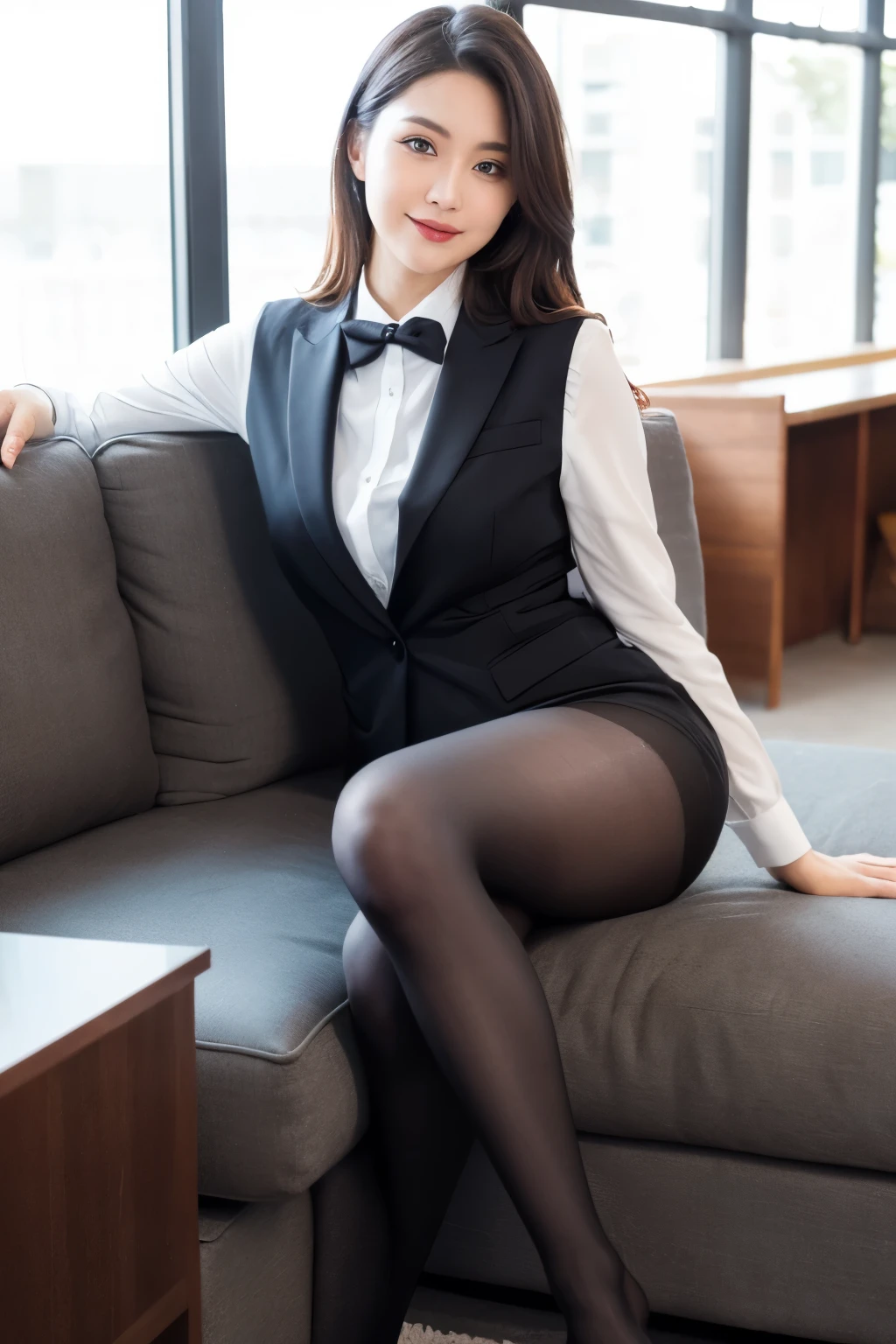 ulzzang-6500-v1.1, (RAW Photos:1.2), (Photorealistic), (Genuine:1.4), There is an office lady sitting cross-legged on the sofa., (Ultra-realistic pantyhose:1.3)、Skirt and thighs、Wearing a vest、White ultra-thin shirt、Dressed in a strict suit, Various poses, 30-year-old woman, 30-year-old woman, Height: 165cm, Full Leg、Laughter、 Vivid details, Super Detail, Realistic skin texture, Detailed aspect, Beautiful details in the eyes, Makeup, (Detailed Background:1.2), Shiny skin、Bare thighs!!!、