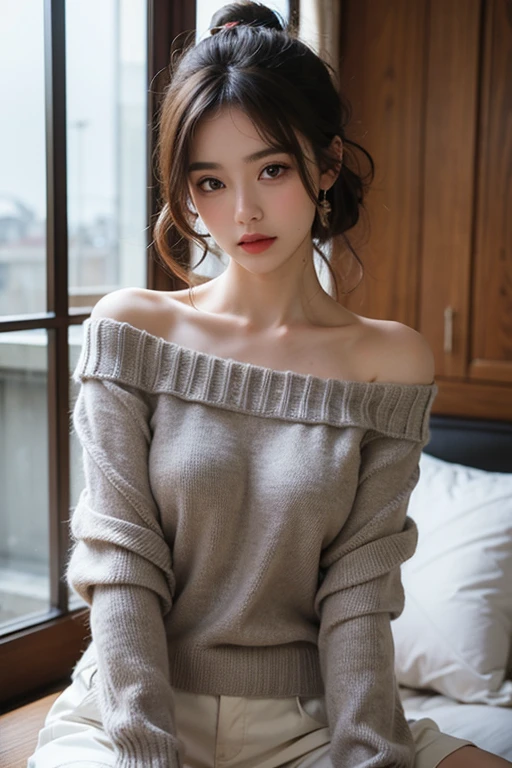 ((best quality)), ((masterpiece)), (detailed), 1girl, off-shoulder sweater,
