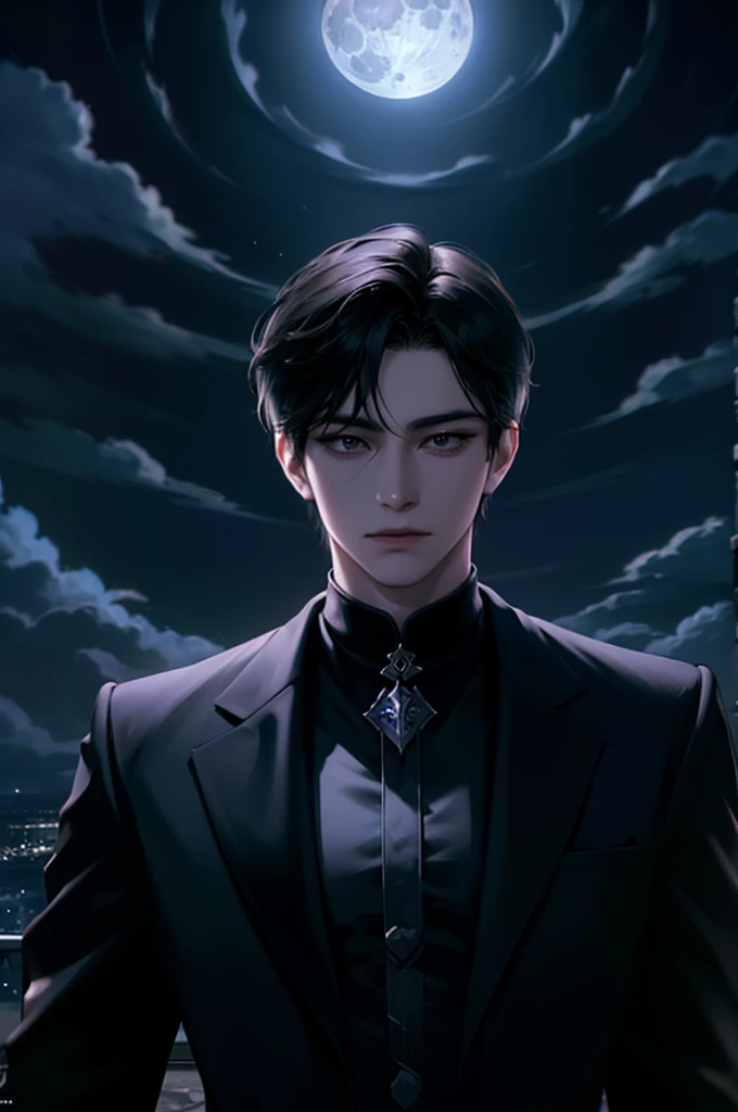 masterpiece, best quality, 1 person, adult, male focus, alone, medium black hair, vibrant black eyes, looking at viewer, closed mouth, aunt, fantasy aesthetics, very detailed, Shadowverse Style, cloud, full moon, black suit white shirt