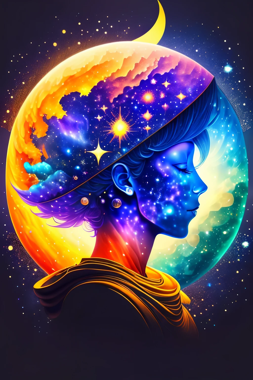 Create an image for a profile photo representing "Mind Universe". Draw the silhouette of a male character in profile, with the inside of the head filled with a deep space scene. Include elements like twinkling stars, colorful planets, Nebulae and galaxies. Use vibrant, contrasting colors like blue, purple, red and gold. Add a transparency effect to the edges of the head to suggest the universe is expanding outward.