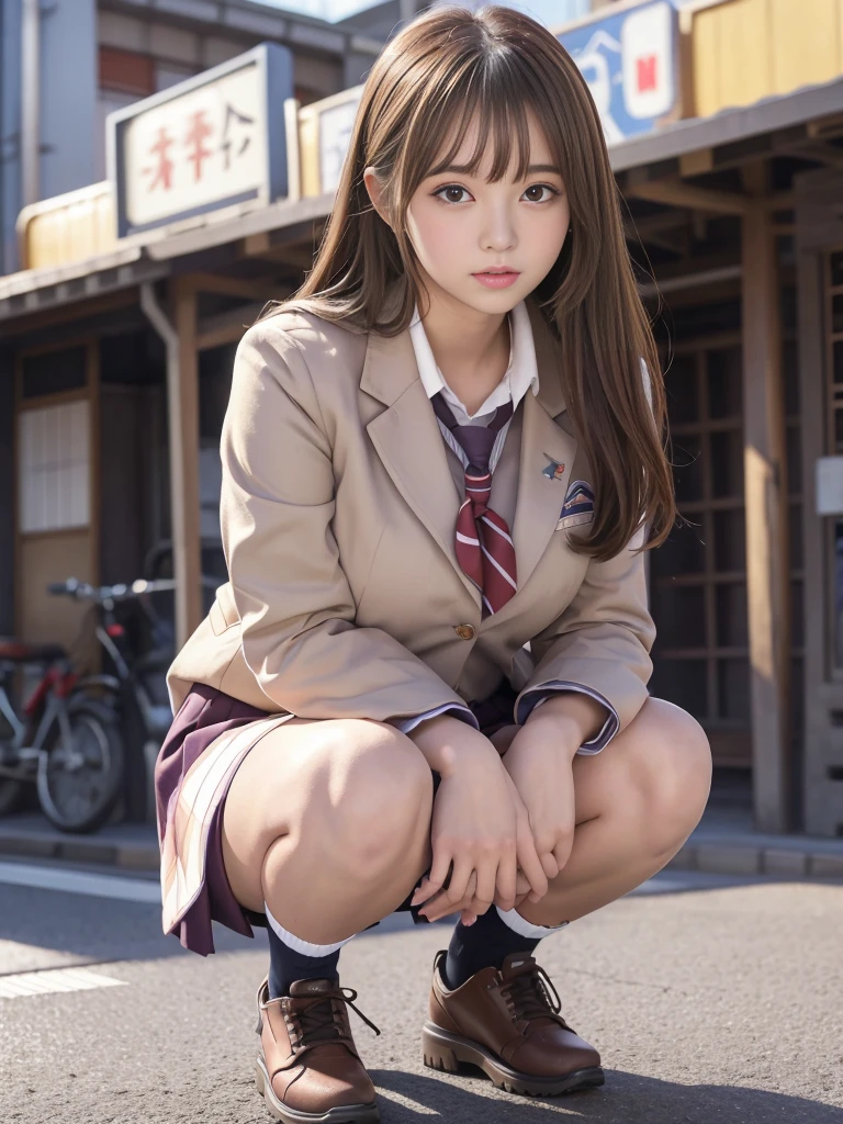 masterpiece, high school girl,Squatting at the station,(Japanese Idols:1.4), Brown Hair, Plump breasts, Blushed, From below, (school uniform)