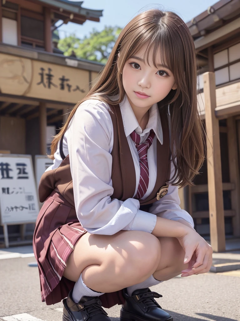 masterpiece, high school girl,Squatting at the station,(Japanese Idols:1.4), Brown Hair, Plump breasts, Blushed, From below, (school uniform)