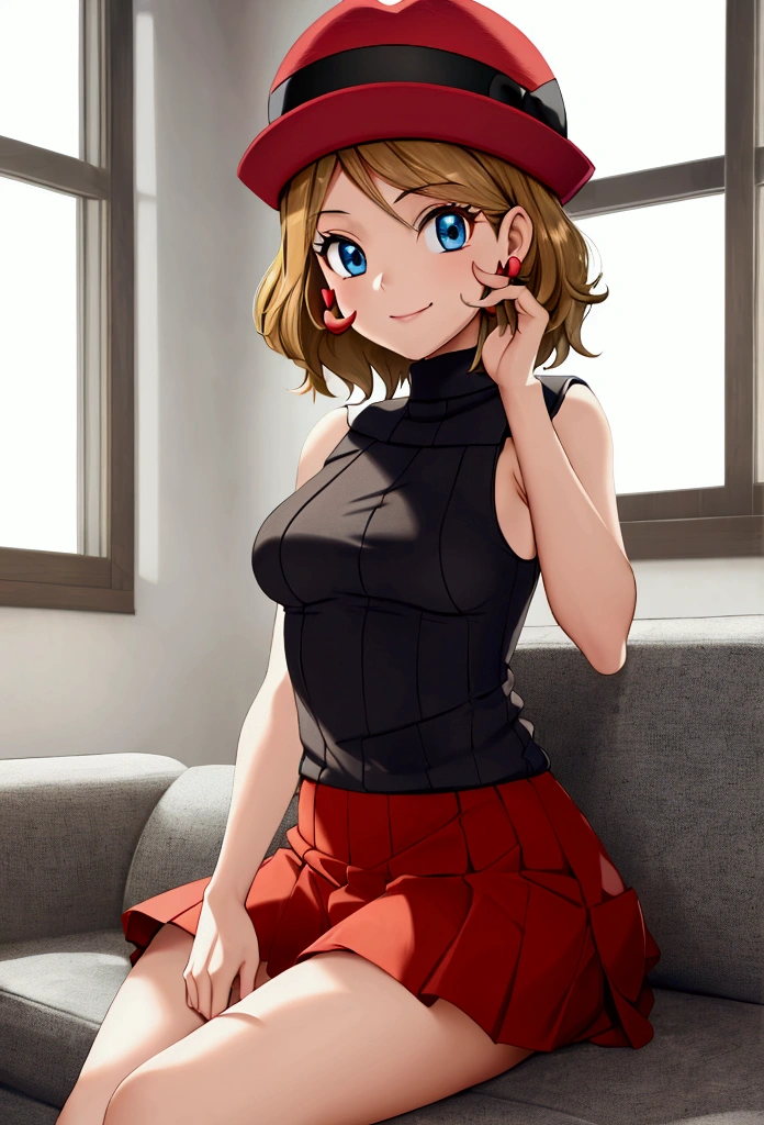 masterpiece, Highest quality, High resolution, Serena, alone, short hair, (Red hat:1.2), Earrings, eyelash, blue eyes, Grey sweater, Sweater vest, Sleeveless turtleneck, Bare arms, Checked skirt, Red Skirt, Black tights, Sitting, indoor, window, smile, sofa, room