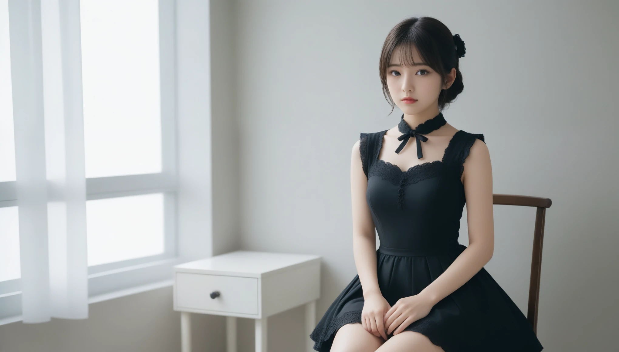 8k, Ultra-high resolution, Highest quality, masterpiece, 三分割法によるphotograph,Surreal, photograph, 1 Girl, (16 years old:1.3), pretty girl, Cute Face, Beautiful eyes in every detail, 細かくdetailedに,masterpiece,One Girl:1.2,Japanese female announcer,full body,Serious expression,Black short hair,Short ponytail,Sit in a big chair,((Fusion of Gothic Lolita and Lolita fashion:1.3)),Sit with your legs apart,Beautiful leg line beauty,bracelet, chest, choker, clavicle, Earrings,Gray background ,Perfect and beautiful face ,完璧でCute Face, Skin with attention to detail, Perfect limbs、Narrow waist,Looking at the audience,(((Ideal body type))),Aカップの小さなchest :2,Portraiture:2,Perfect Anatomy,鮮明なdetailed,detailed,Surreal,Light and shadow,spotlight